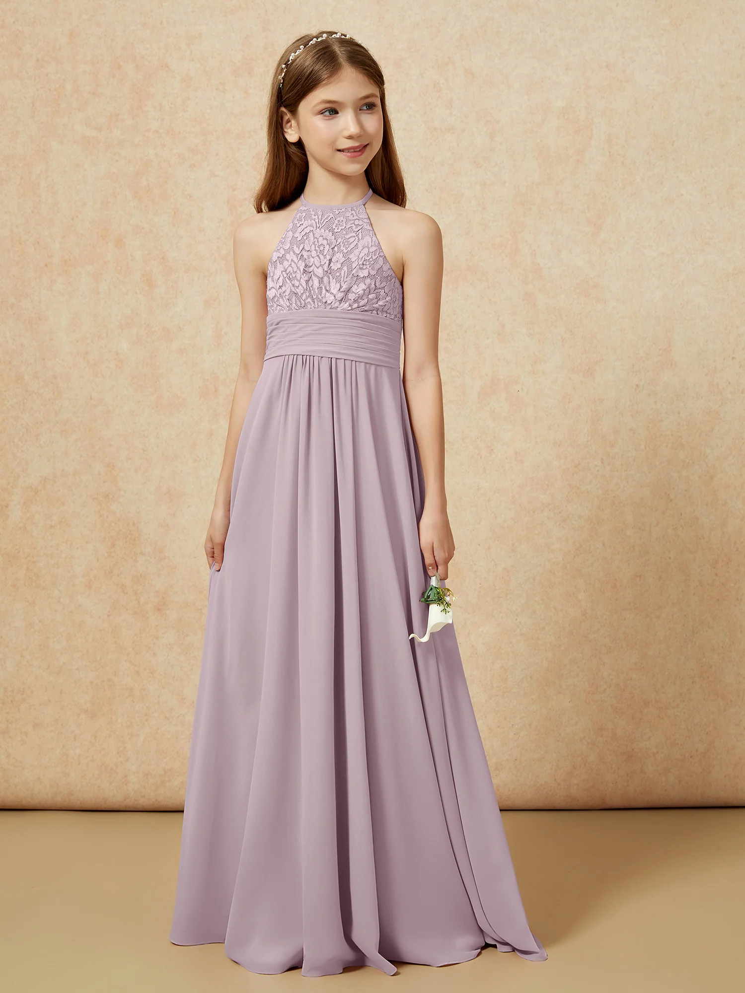 Halter Neck Lace Top Chiffon Junior Bridesmaid Dress Dusk - Image 5