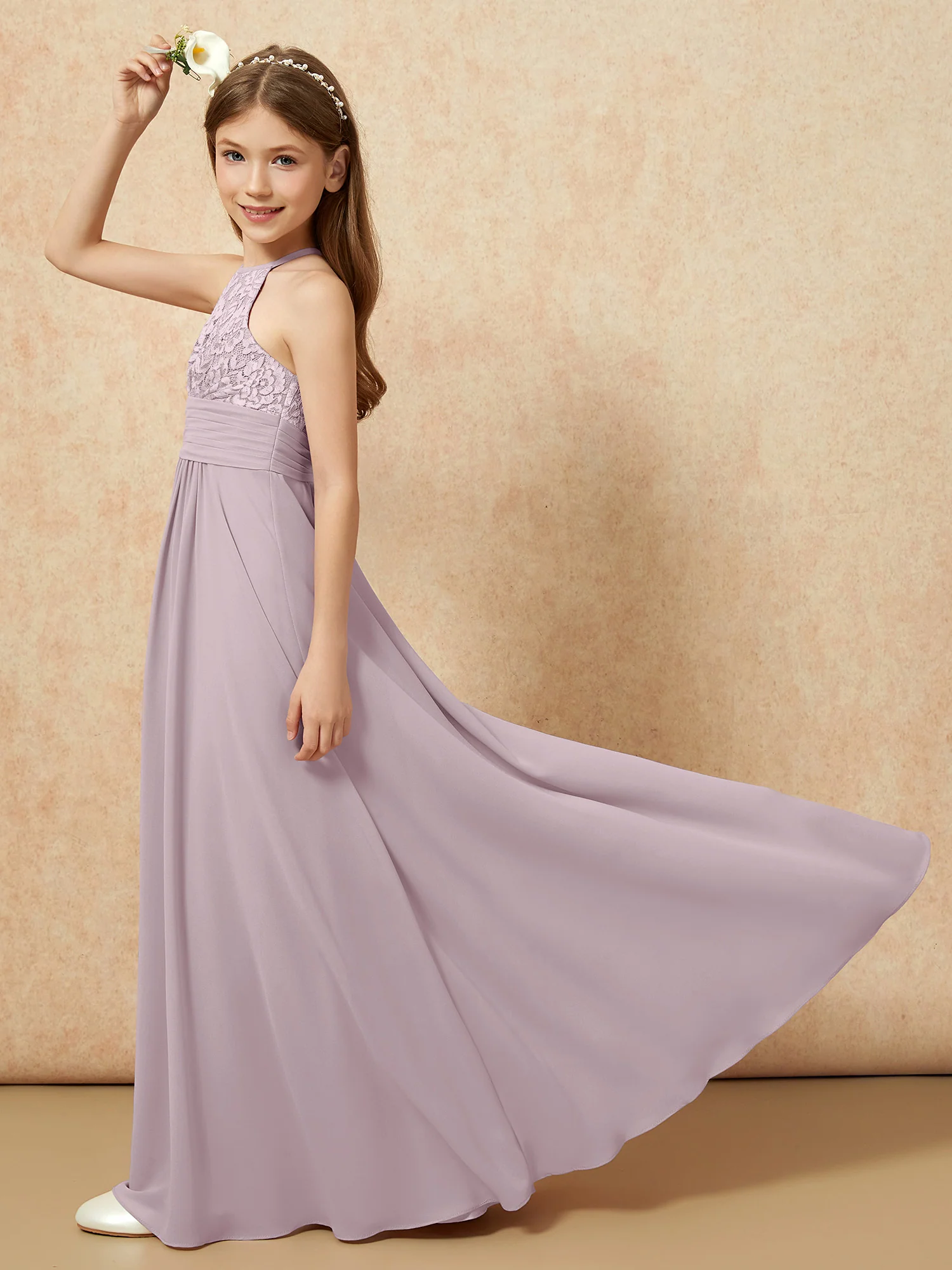 Halter Neck Lace Top Chiffon Junior Bridesmaid Dress Dusk - Image 6