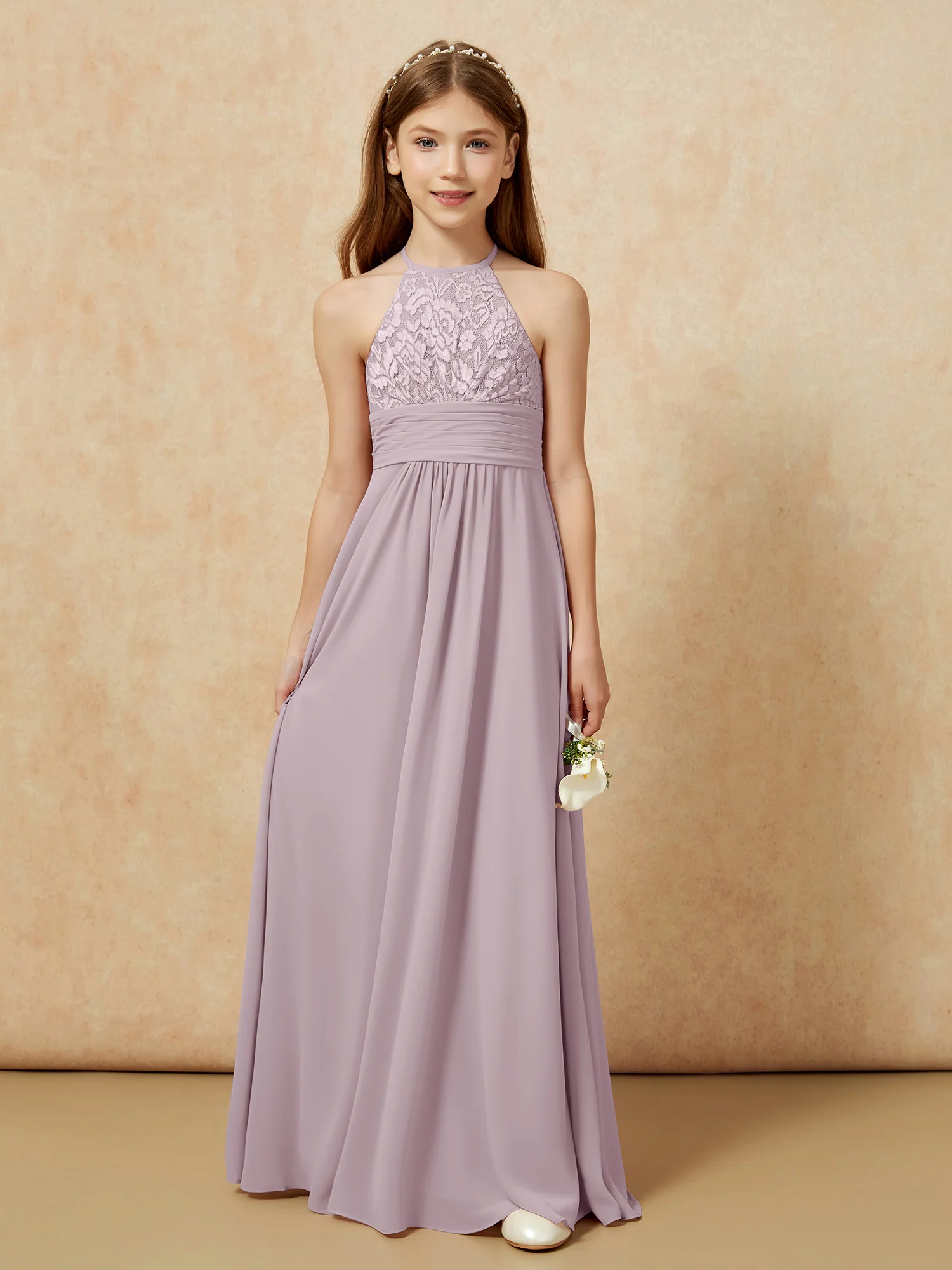 Halter Neck Lace Top Chiffon Junior Bridesmaid Dress Dusk - Image 7