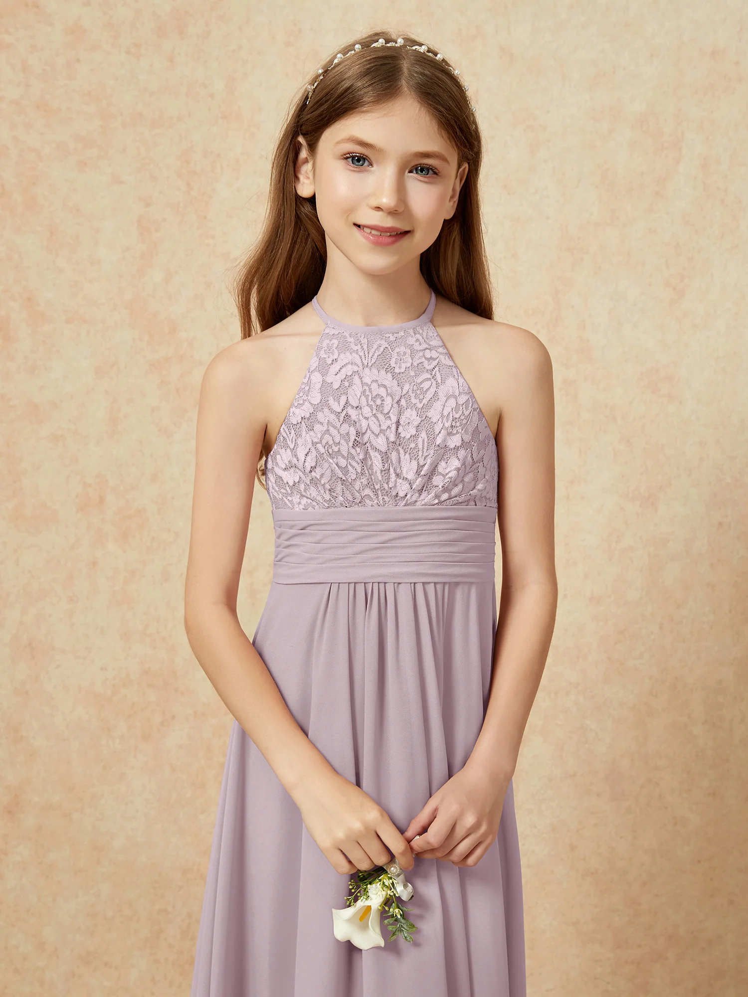 Halter Neck Lace Top Chiffon Junior Bridesmaid Dress Dusk - Image 8