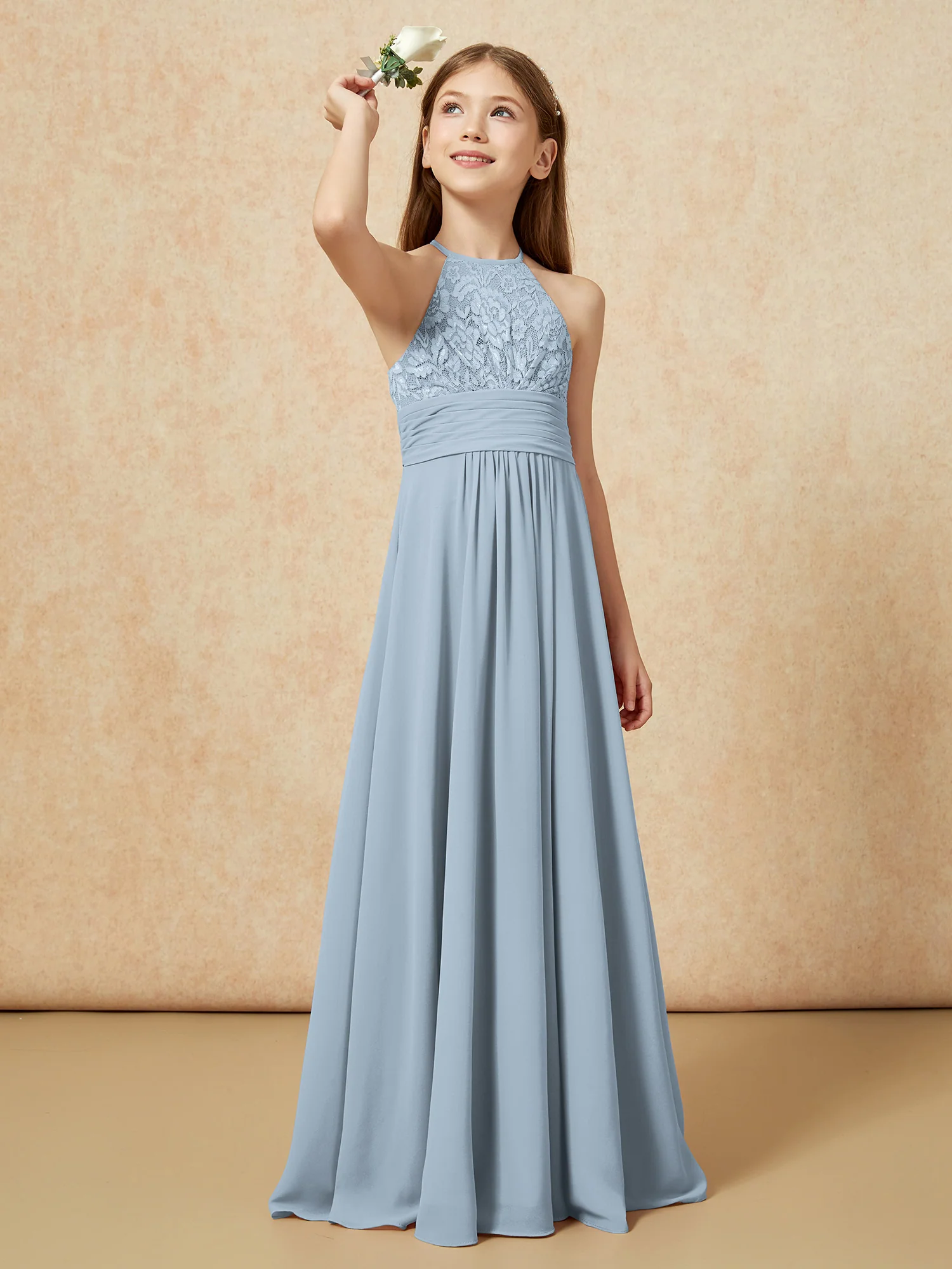 Halter Neck Lace Top Chiffon Junior Bridesmaid Dress Dusty Blue