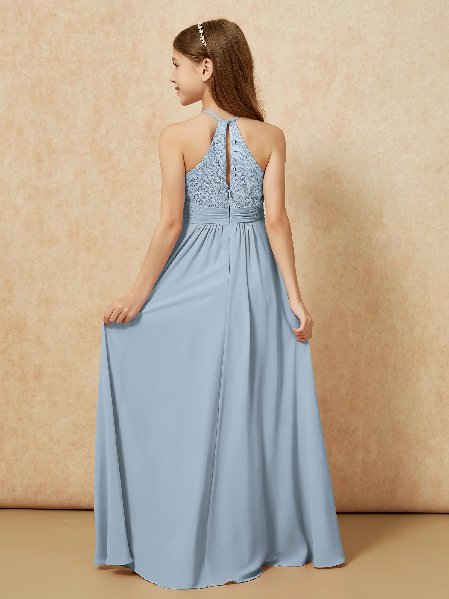 Halter Neck Lace Top Chiffon Junior Bridesmaid Dress Dusty Blue - Image 2