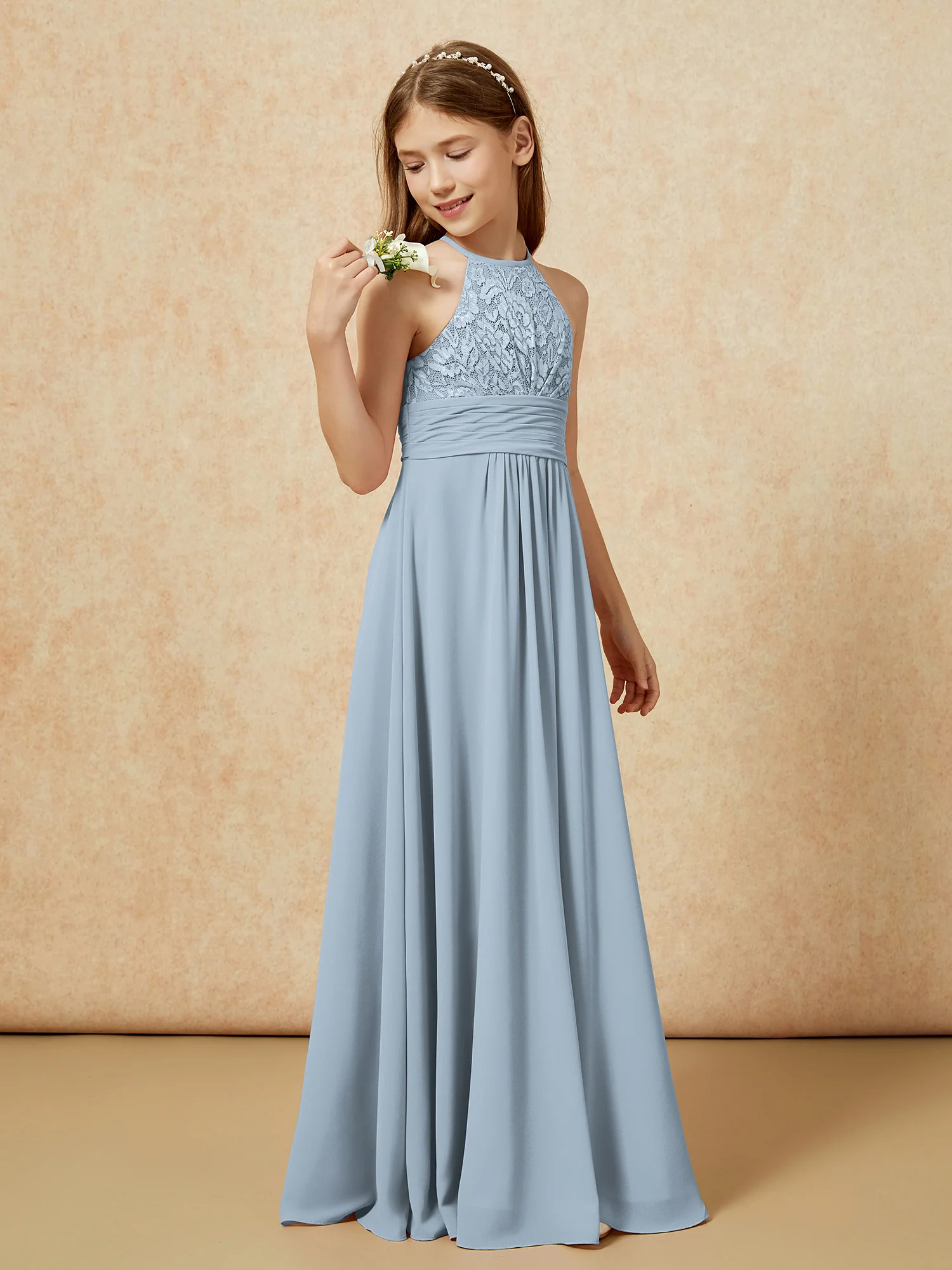 Halter Neck Lace Top Chiffon Junior Bridesmaid Dress Dusty Blue - Image 3
