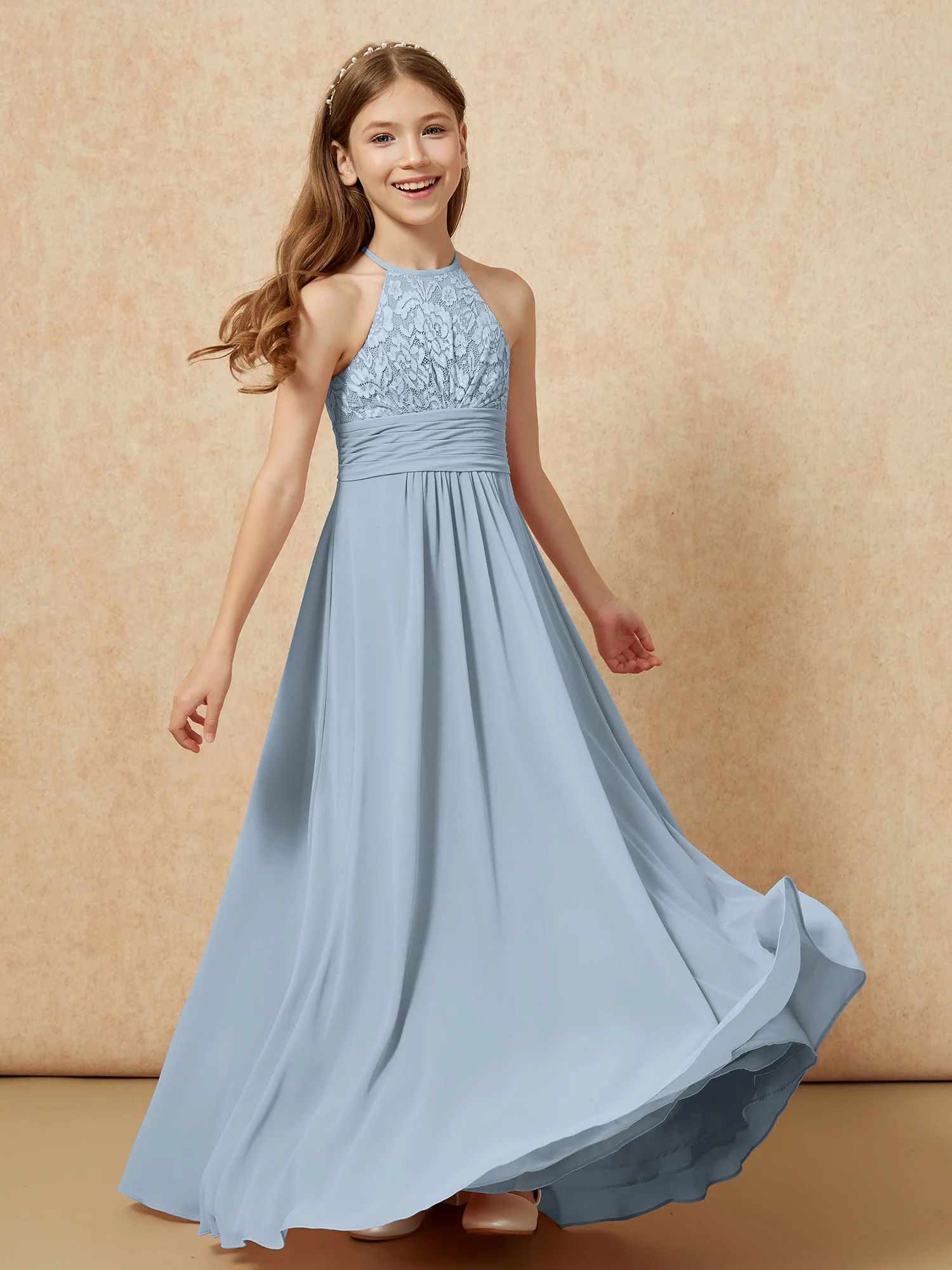 Halter Neck Lace Top Chiffon Junior Bridesmaid Dress Dusty Blue - Image 4