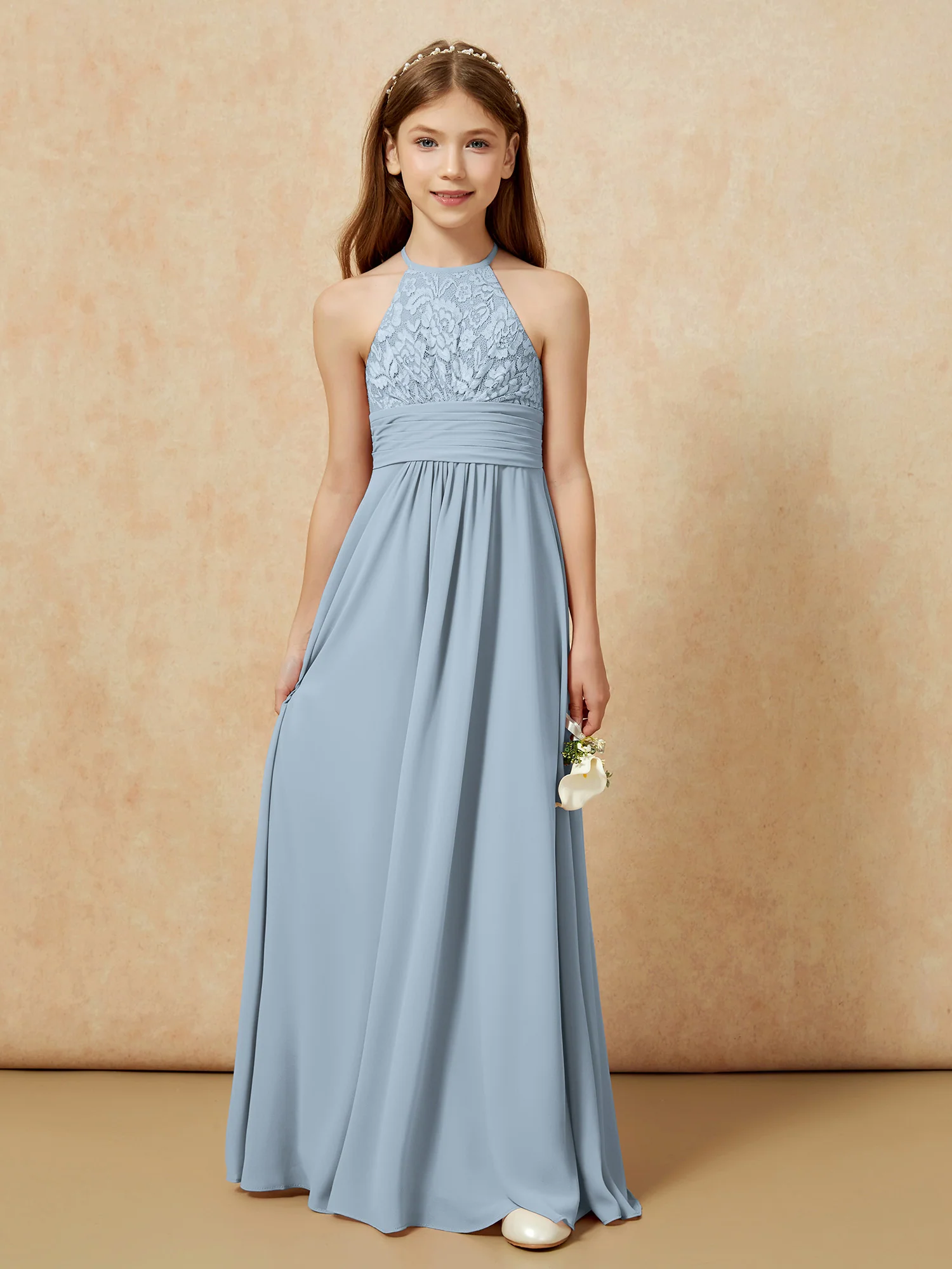 Halter Neck Lace Top Chiffon Junior Bridesmaid Dress Dusty Blue - Image 7