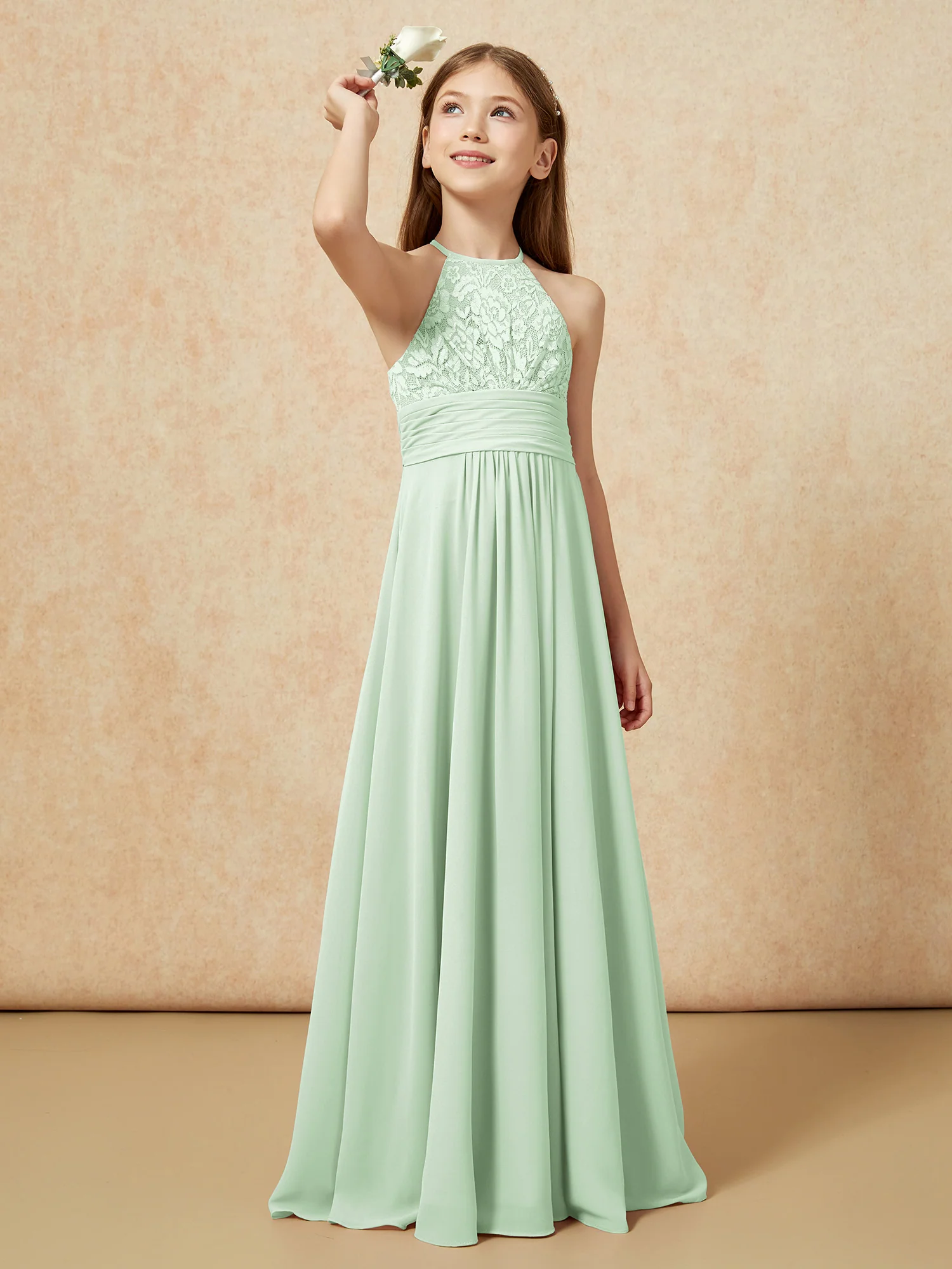 Halter Neck Lace Top Chiffon Junior Bridesmaid Dress Dusty Sage