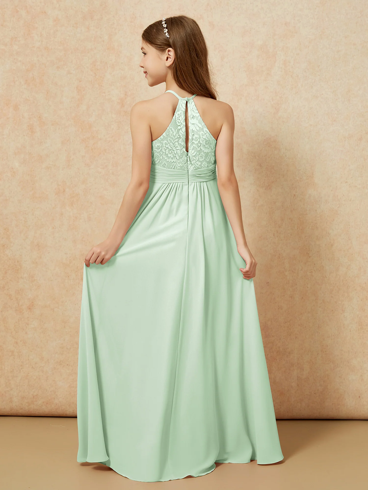 Halter Neck Lace Top Chiffon Junior Bridesmaid Dress Dusty Sage - Image 2