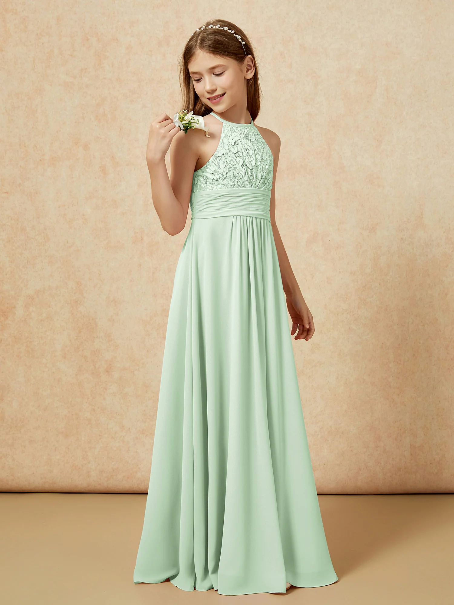 Halter Neck Lace Top Chiffon Junior Bridesmaid Dress Dusty Sage - Image 3