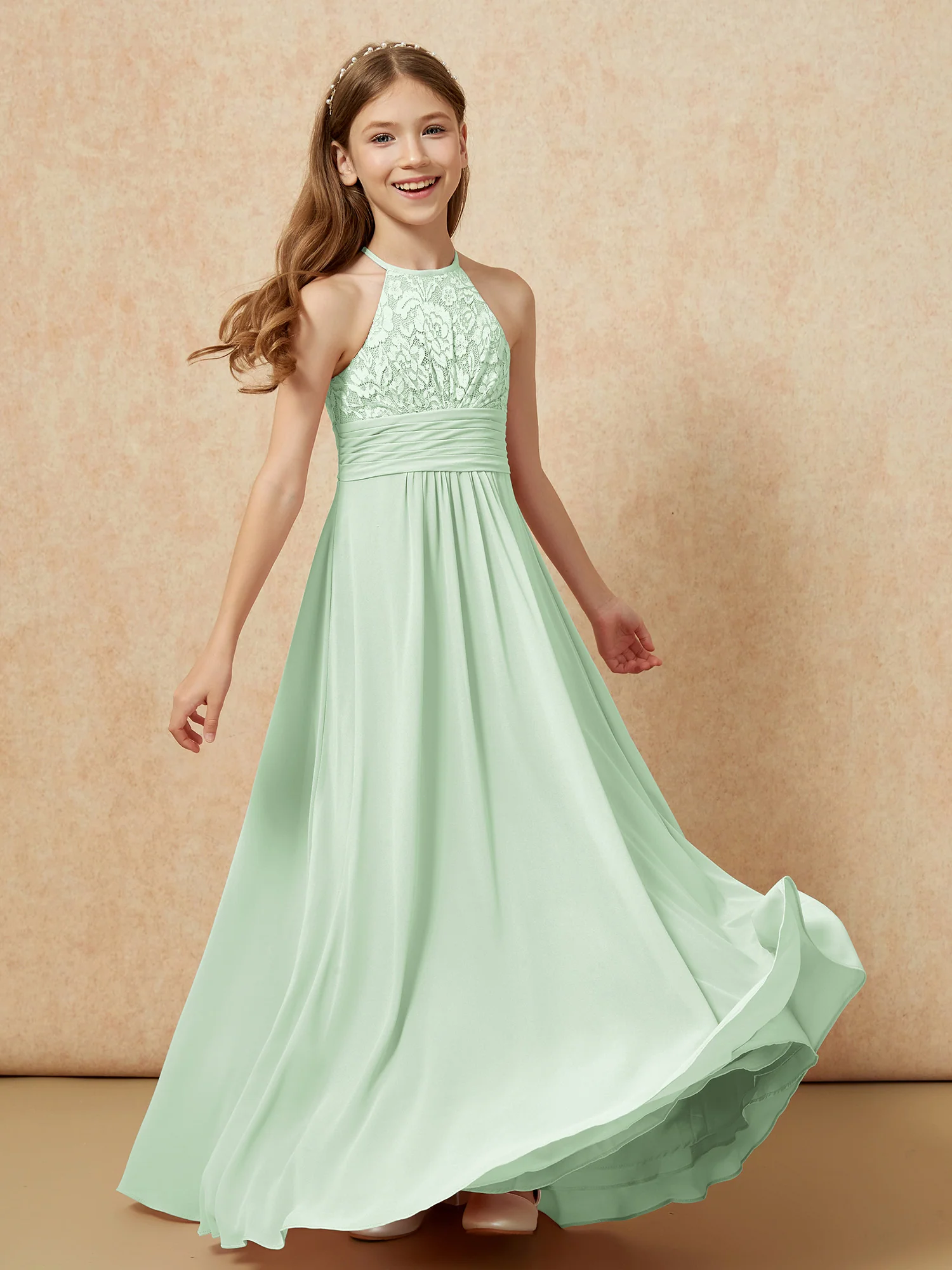 Halter Neck Lace Top Chiffon Junior Bridesmaid Dress Dusty Sage - Image 4