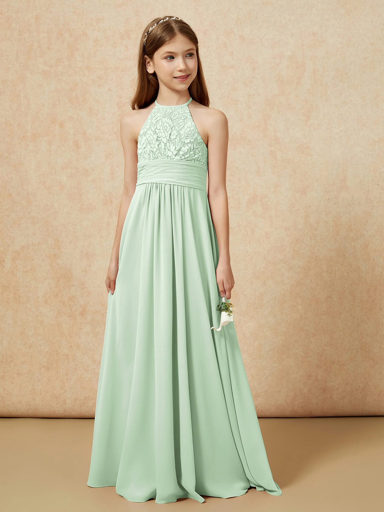 Halter Neck Lace Top Chiffon Junior Bridesmaid Dress Dusty Sage - Image 5