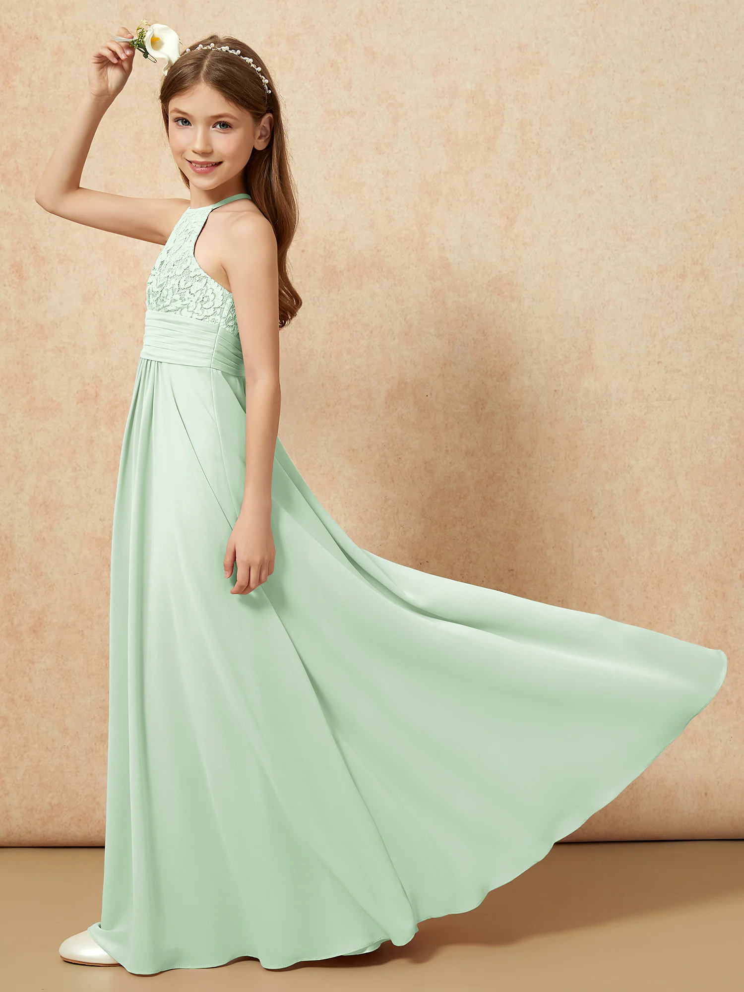 Halter Neck Lace Top Chiffon Junior Bridesmaid Dress Dusty Sage - Image 6