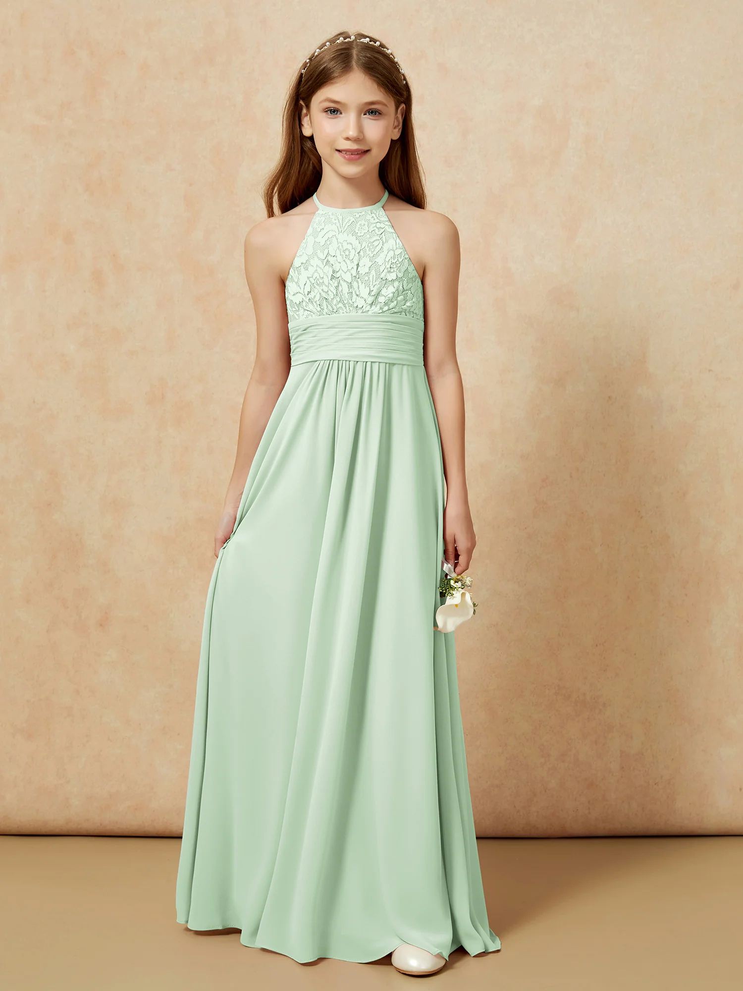 Halter Neck Lace Top Chiffon Junior Bridesmaid Dress Dusty Sage - Image 7