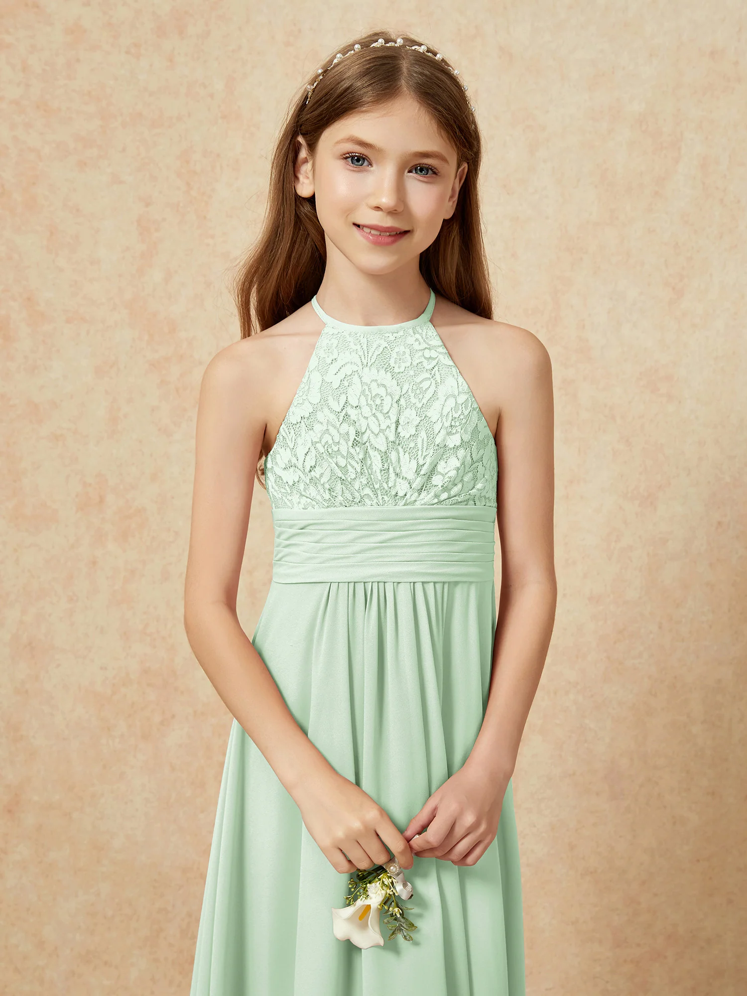 Halter Neck Lace Top Chiffon Junior Bridesmaid Dress Dusty Sage - Image 8
