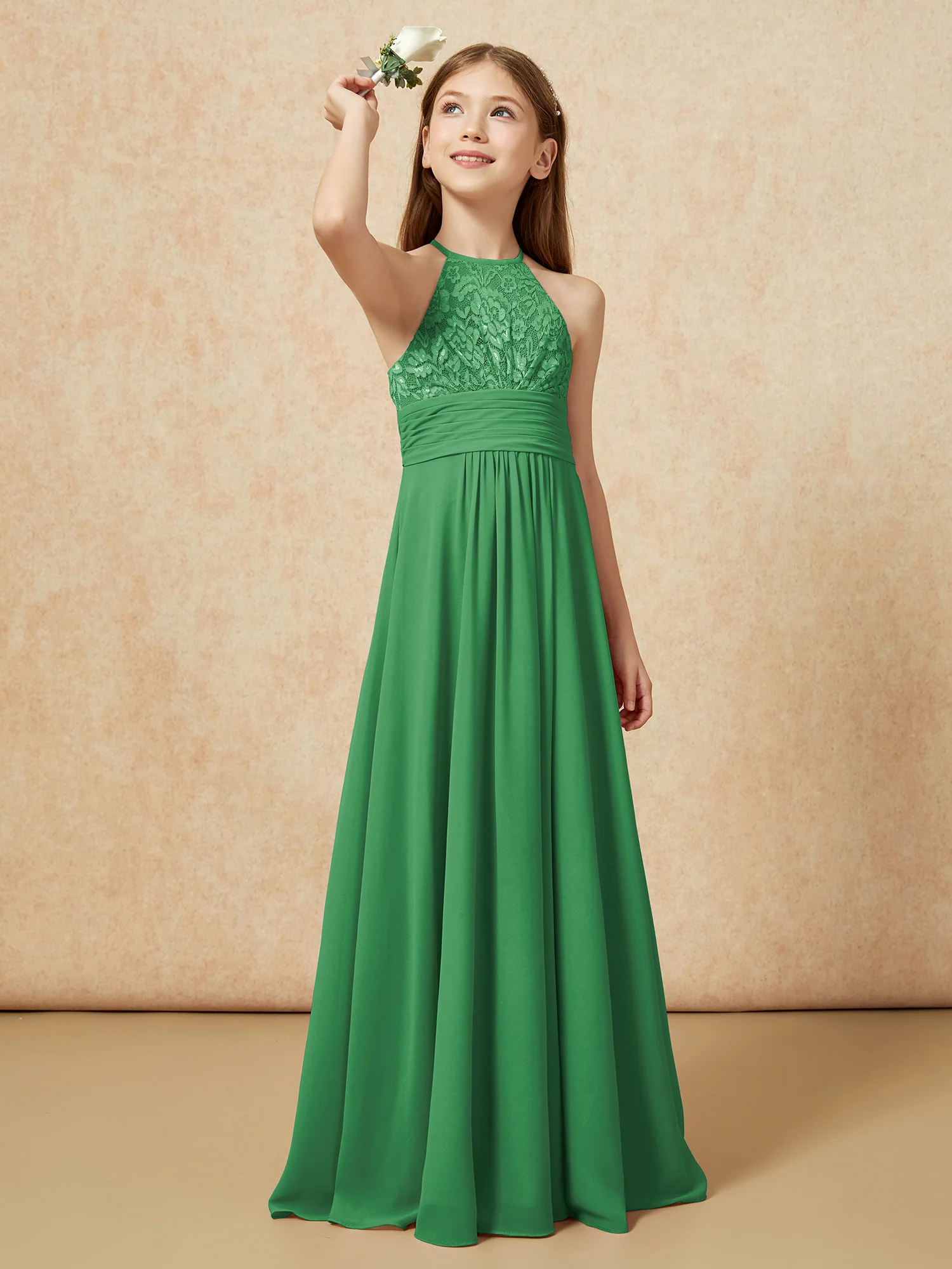 Halter Neck Lace Top Chiffon Junior Bridesmaid Dress Emerald