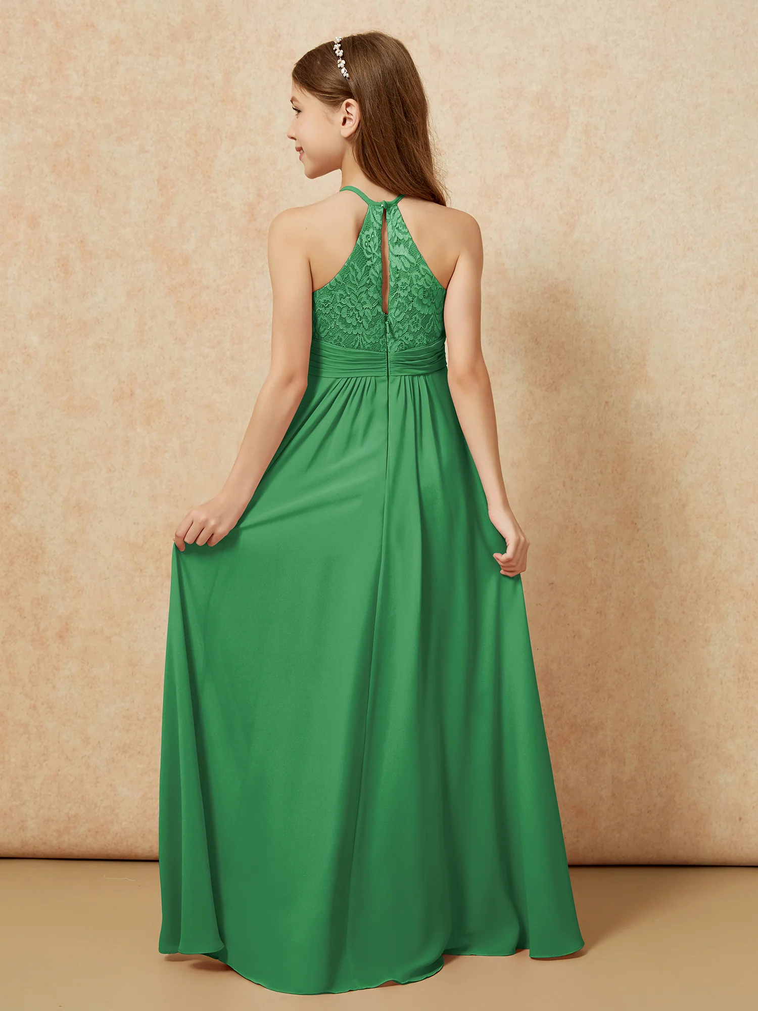 Halter Neck Lace Top Chiffon Junior Bridesmaid Dress Emerald - Image 2