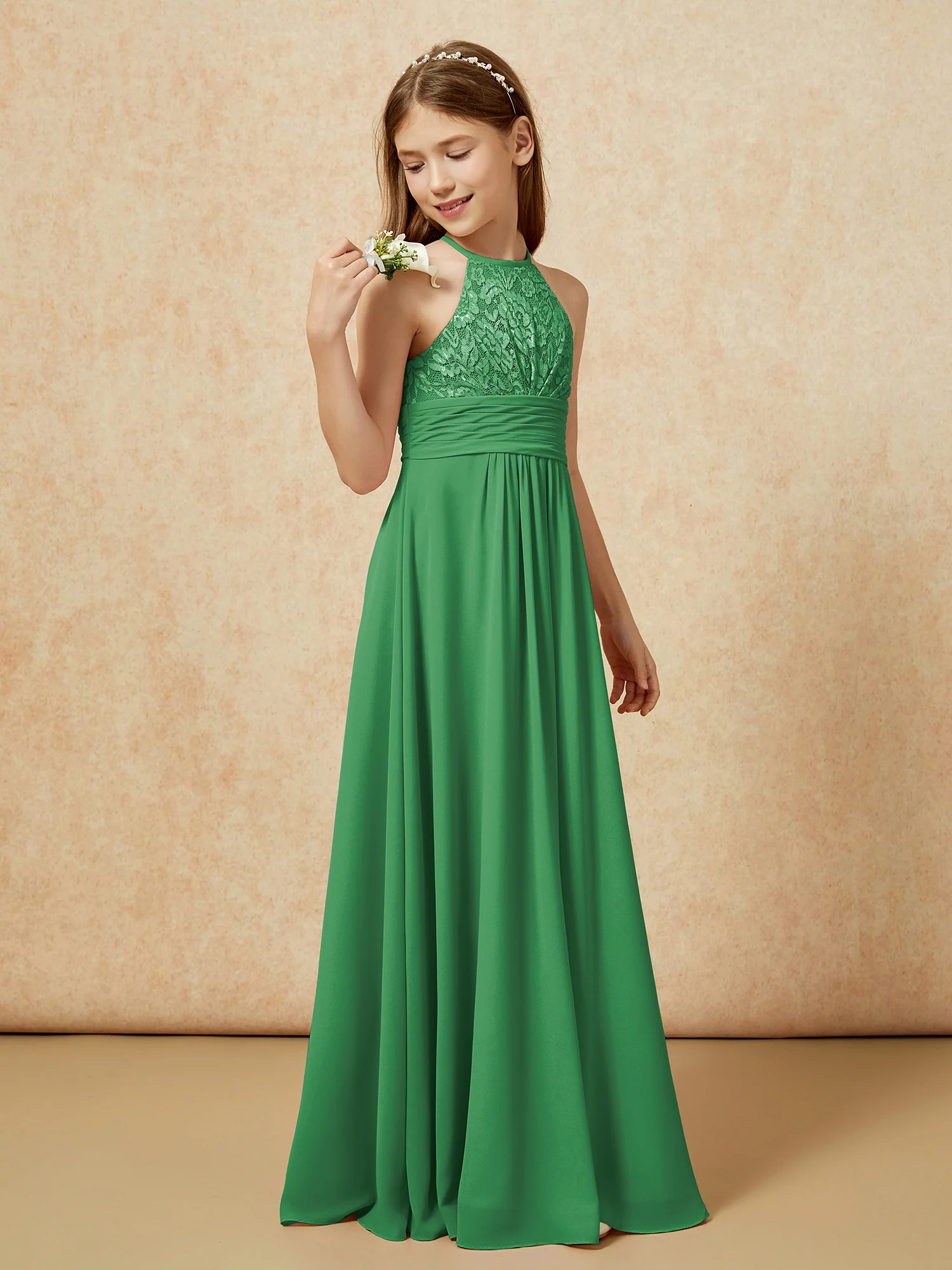 Halter Neck Lace Top Chiffon Junior Bridesmaid Dress Emerald - Image 3