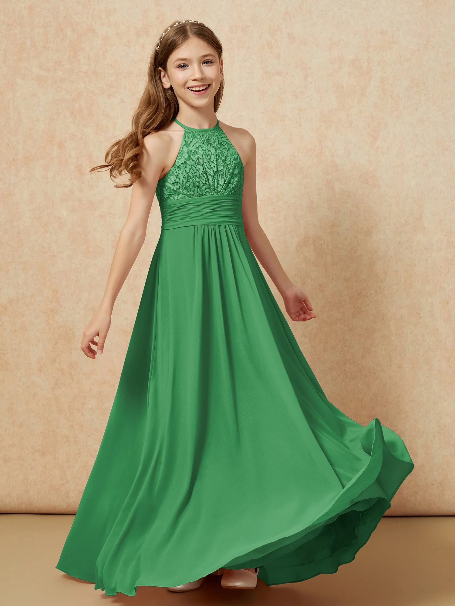 Halter Neck Lace Top Chiffon Junior Bridesmaid Dress Emerald - Image 4