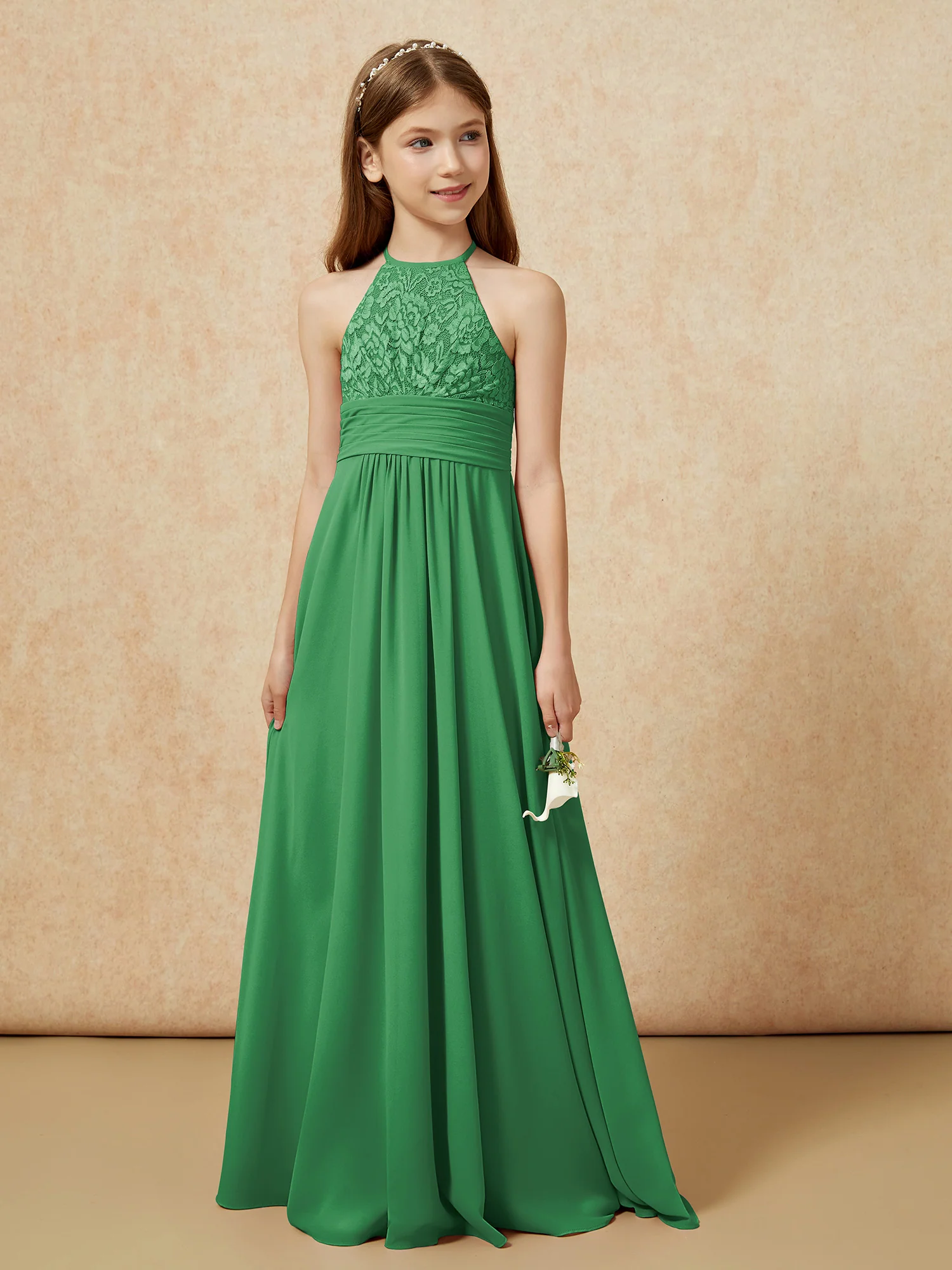 Halter Neck Lace Top Chiffon Junior Bridesmaid Dress Emerald - Image 5