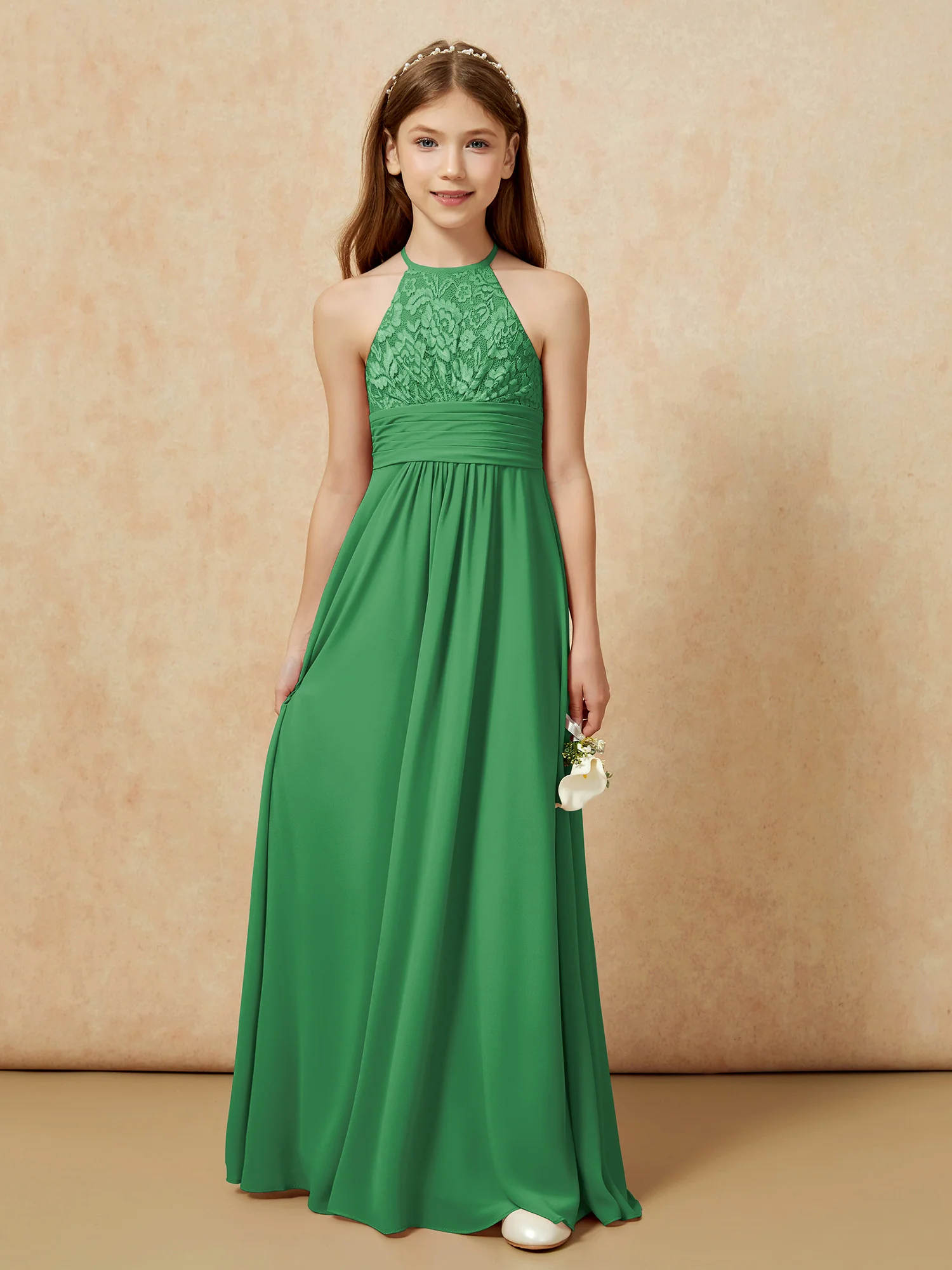 Halter Neck Lace Top Chiffon Junior Bridesmaid Dress Emerald - Image 7