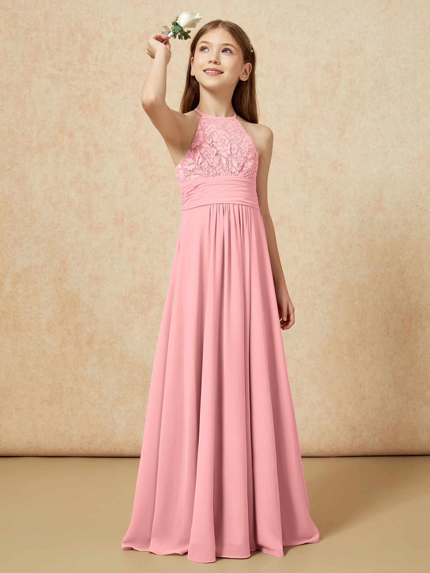 Halter Neck Lace Top Chiffon Junior Bridesmaid Dress Flamingo