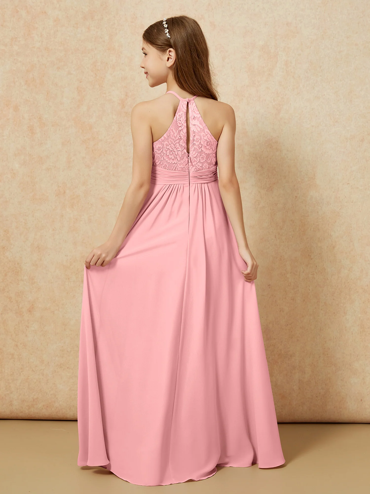 Halter Neck Lace Top Chiffon Junior Bridesmaid Dress Flamingo - Image 2