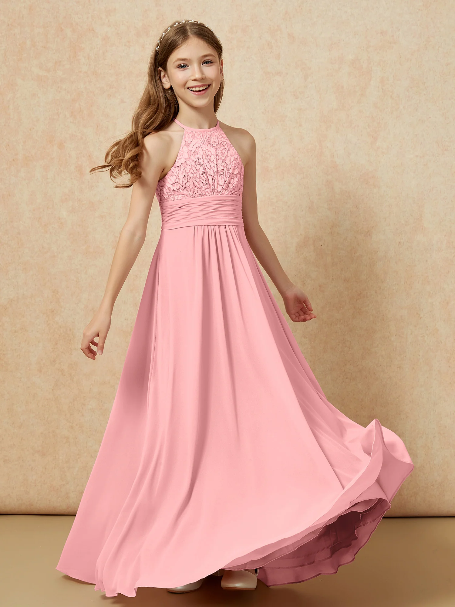 Halter Neck Lace Top Chiffon Junior Bridesmaid Dress Flamingo - Image 4