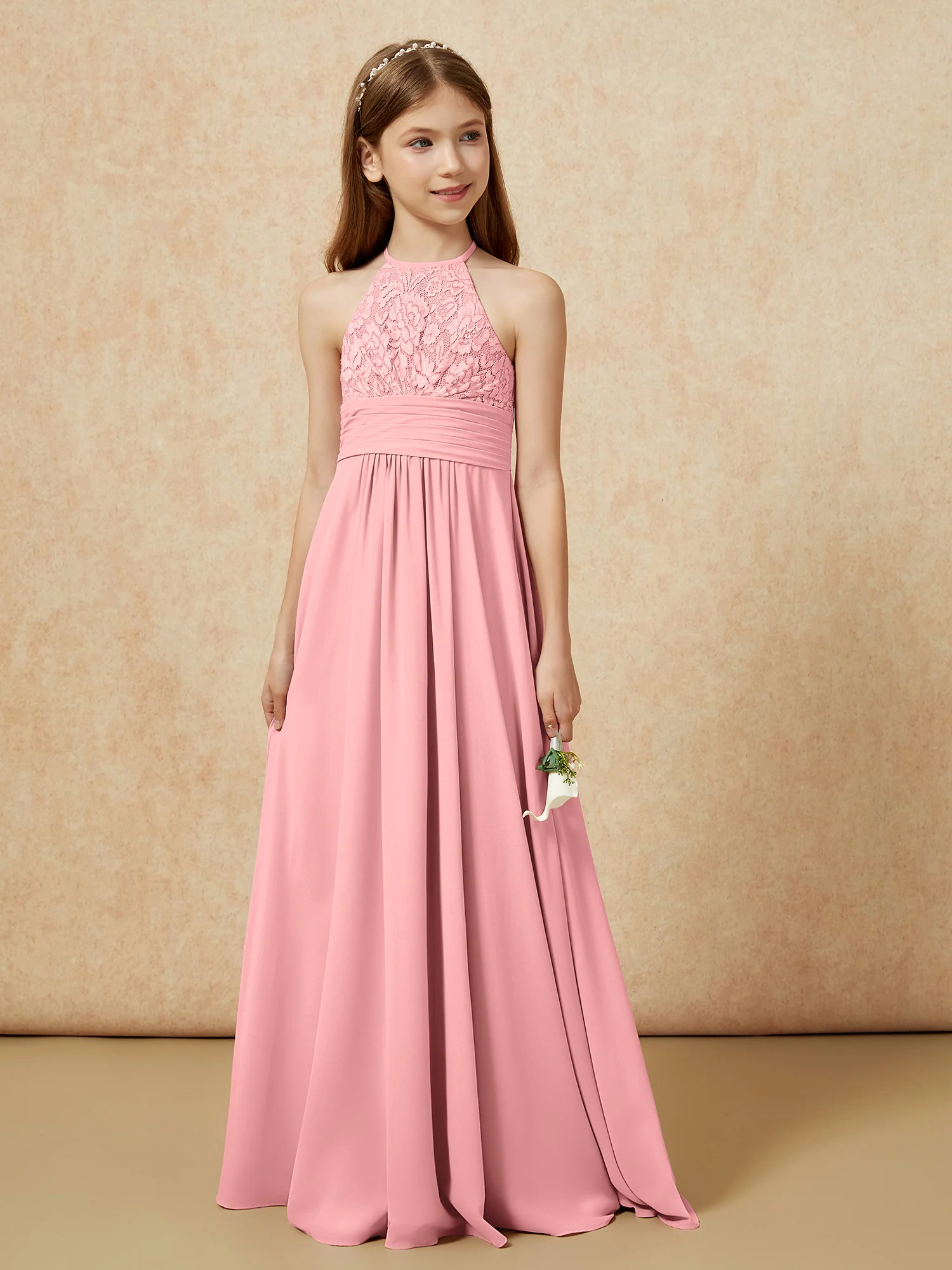 Halter Neck Lace Top Chiffon Junior Bridesmaid Dress Flamingo - Image 5