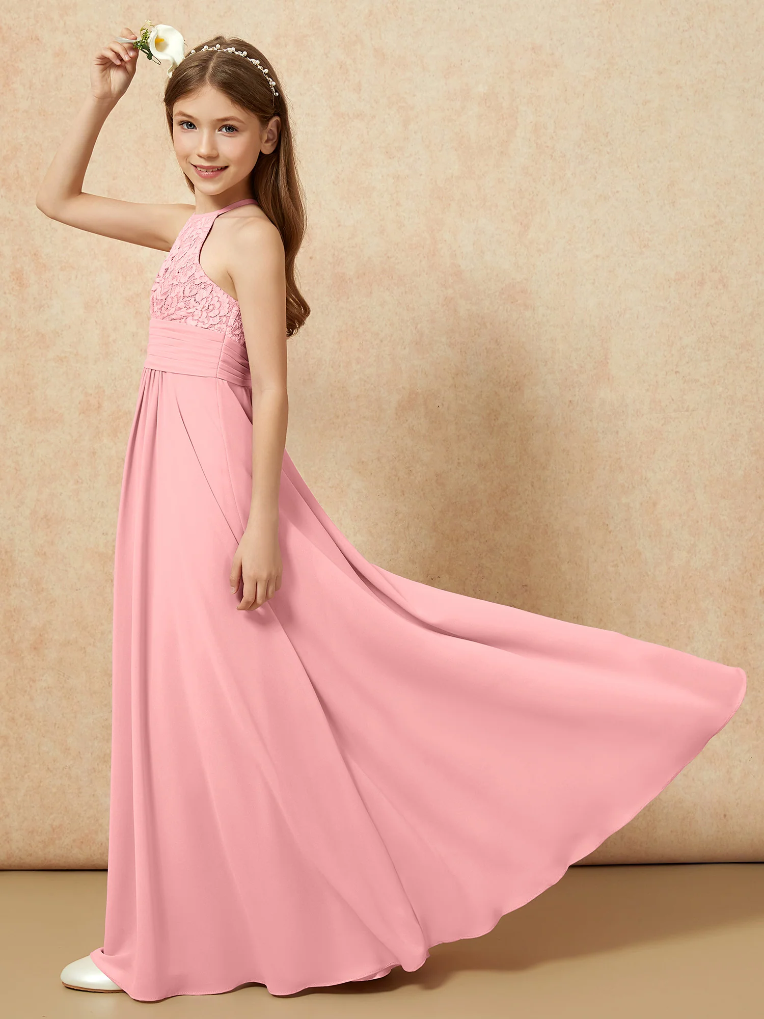 Halter Neck Lace Top Chiffon Junior Bridesmaid Dress Flamingo - Image 6