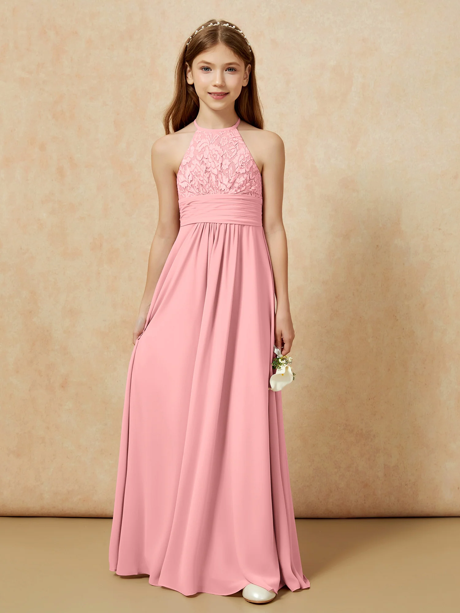 Halter Neck Lace Top Chiffon Junior Bridesmaid Dress Flamingo - Image 7