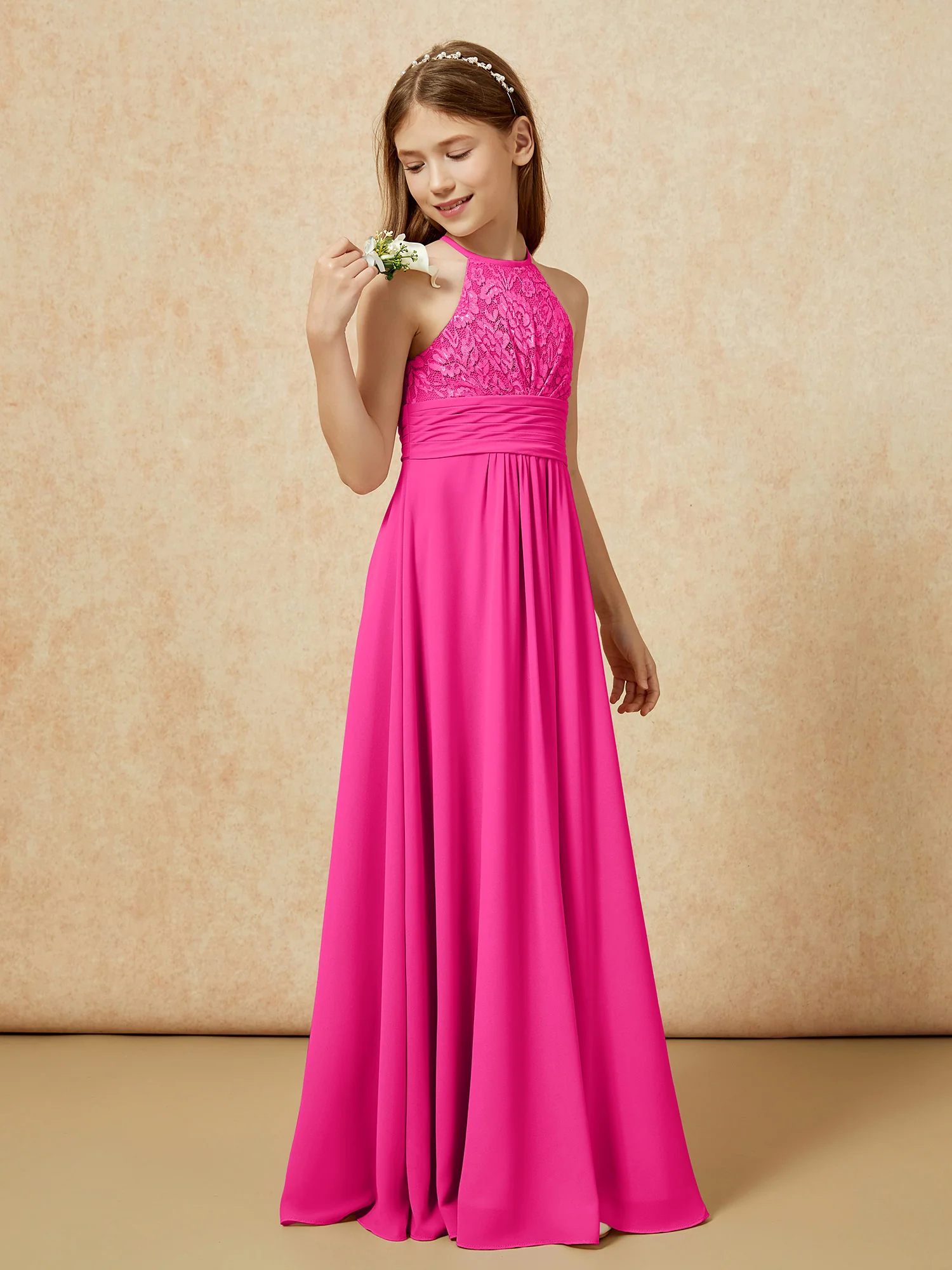Halter Neck Lace Top Chiffon Junior Bridesmaid Dress Fuchsia - Image 3