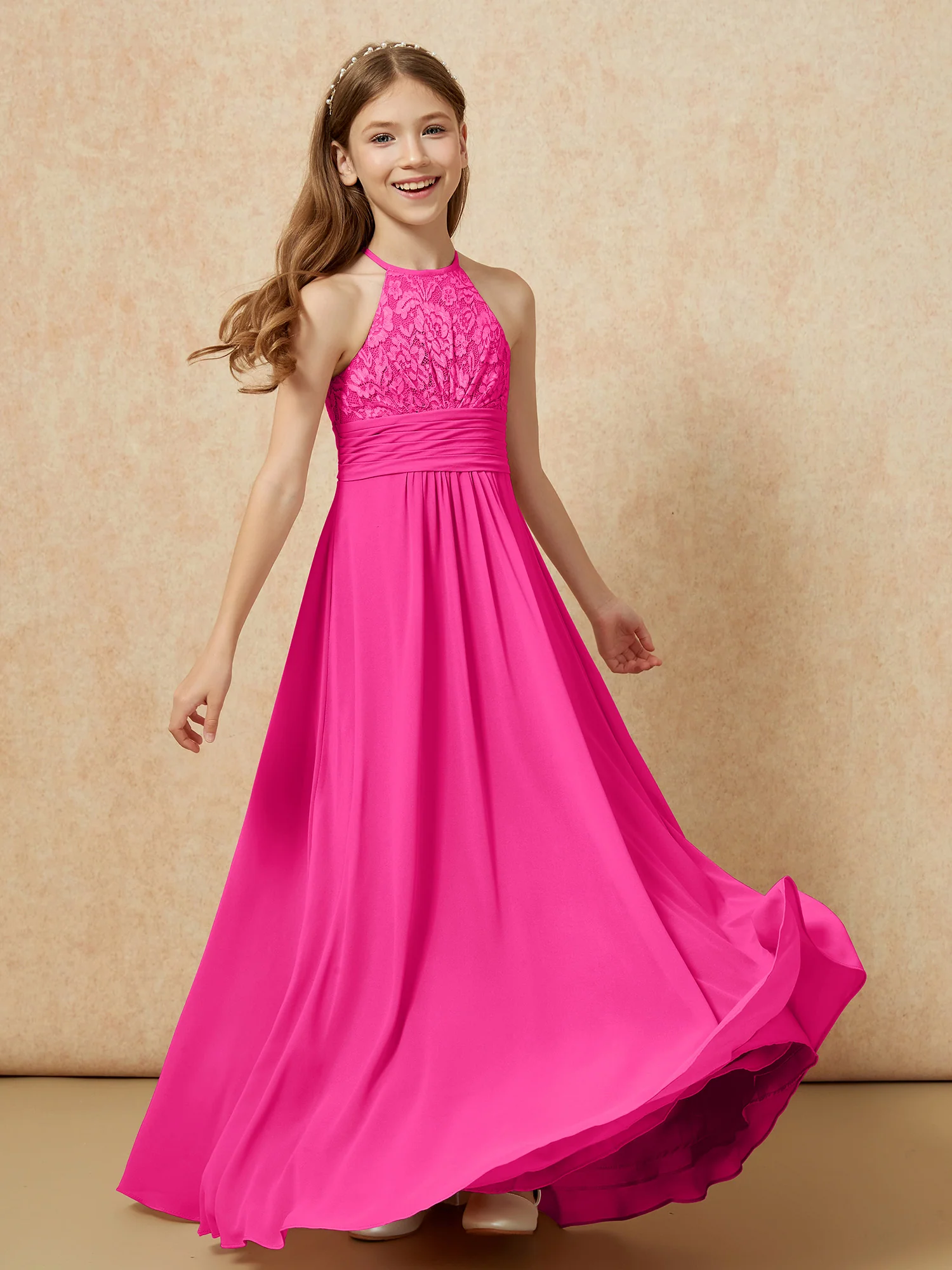 Halter Neck Lace Top Chiffon Junior Bridesmaid Dress Fuchsia - Image 4
