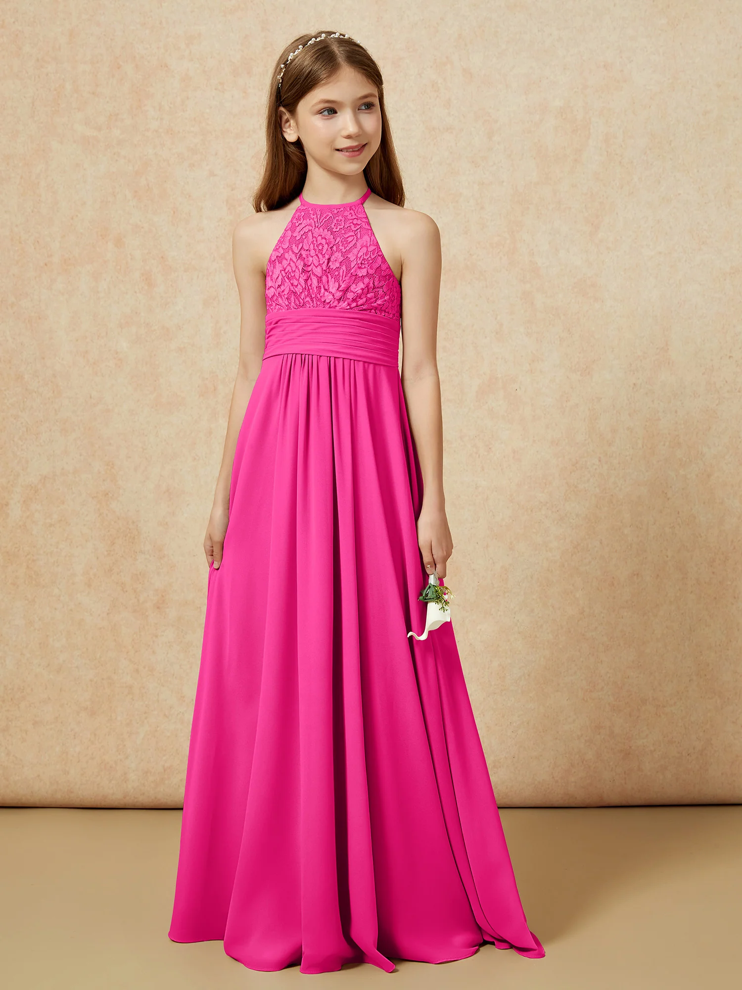 Halter Neck Lace Top Chiffon Junior Bridesmaid Dress Fuchsia - Image 5
