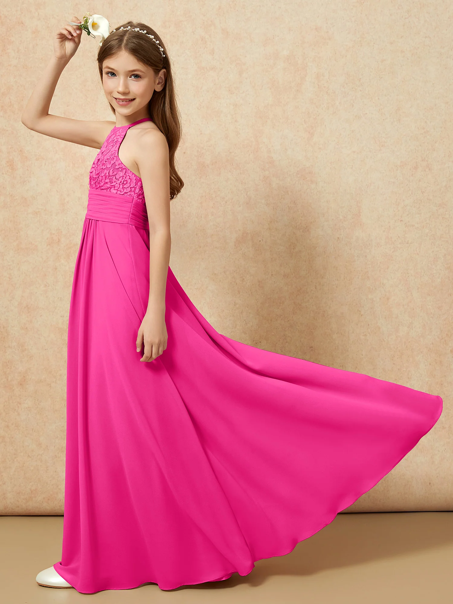 Halter Neck Lace Top Chiffon Junior Bridesmaid Dress Fuchsia - Image 6