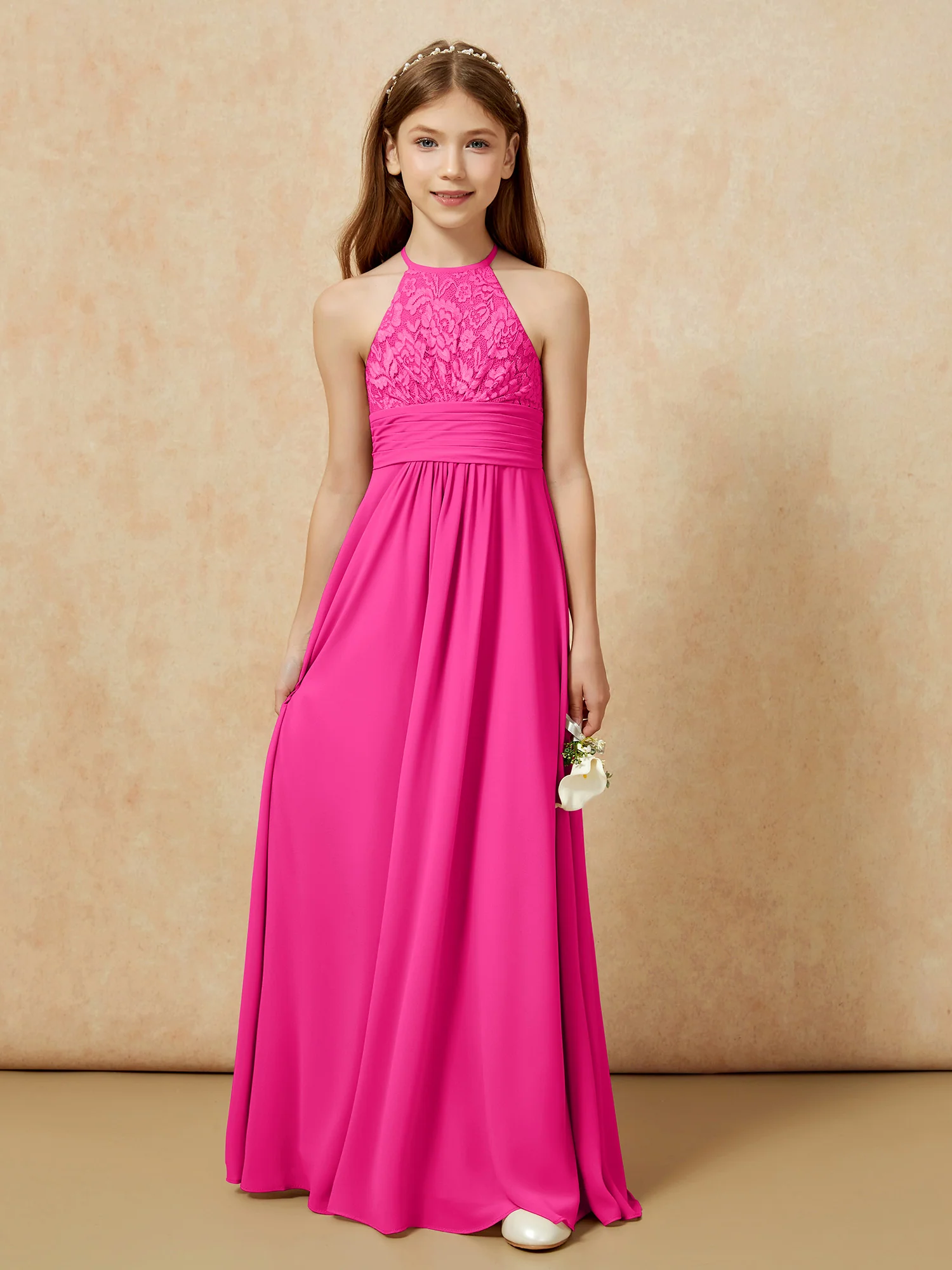 Halter Neck Lace Top Chiffon Junior Bridesmaid Dress Fuchsia - Image 7