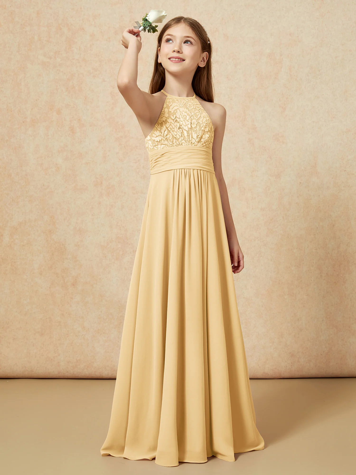 Halter Neck Lace Top Chiffon Junior Bridesmaid Dress Gold
