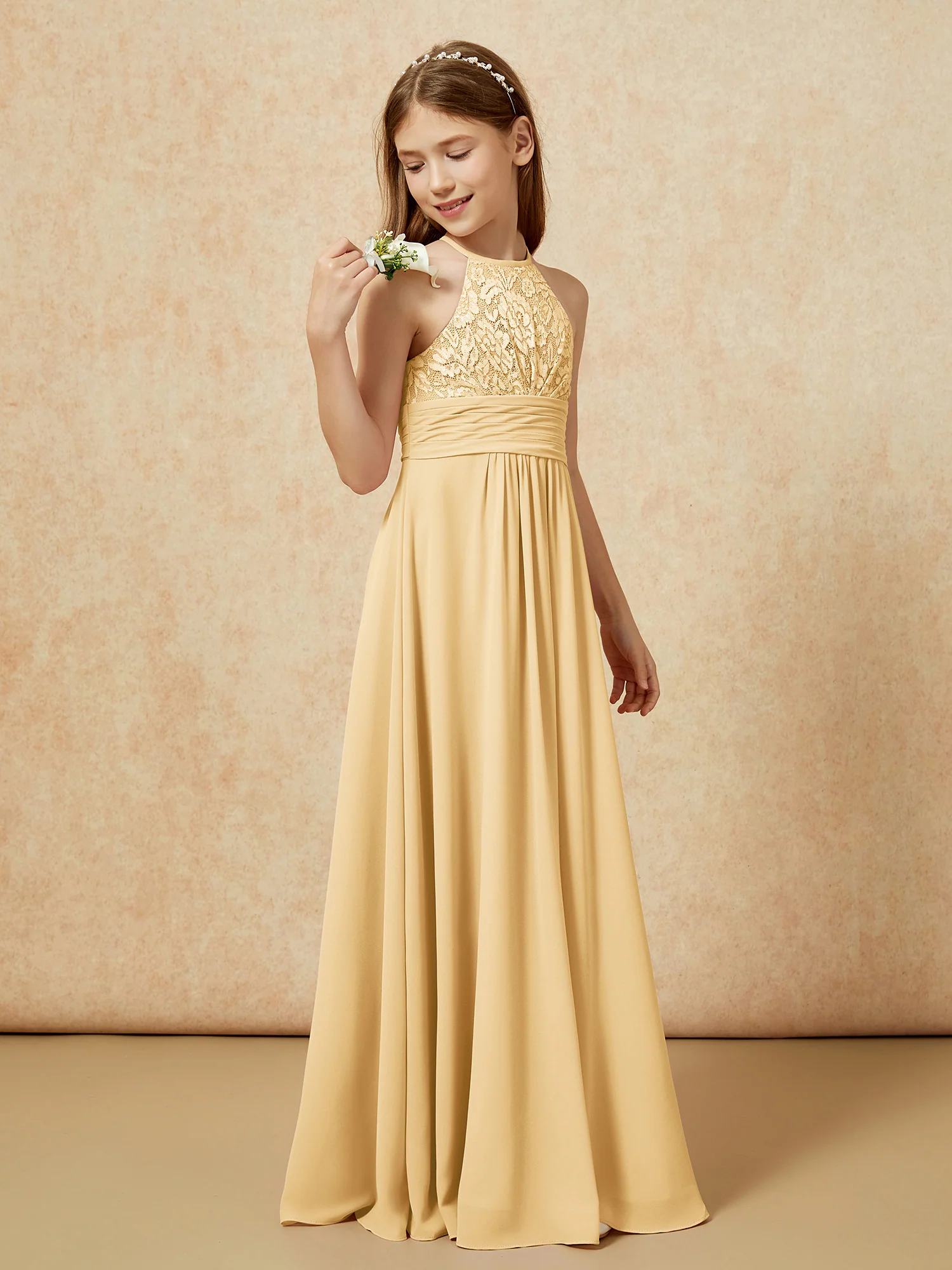 Halter Neck Lace Top Chiffon Junior Bridesmaid Dress Gold - Image 3