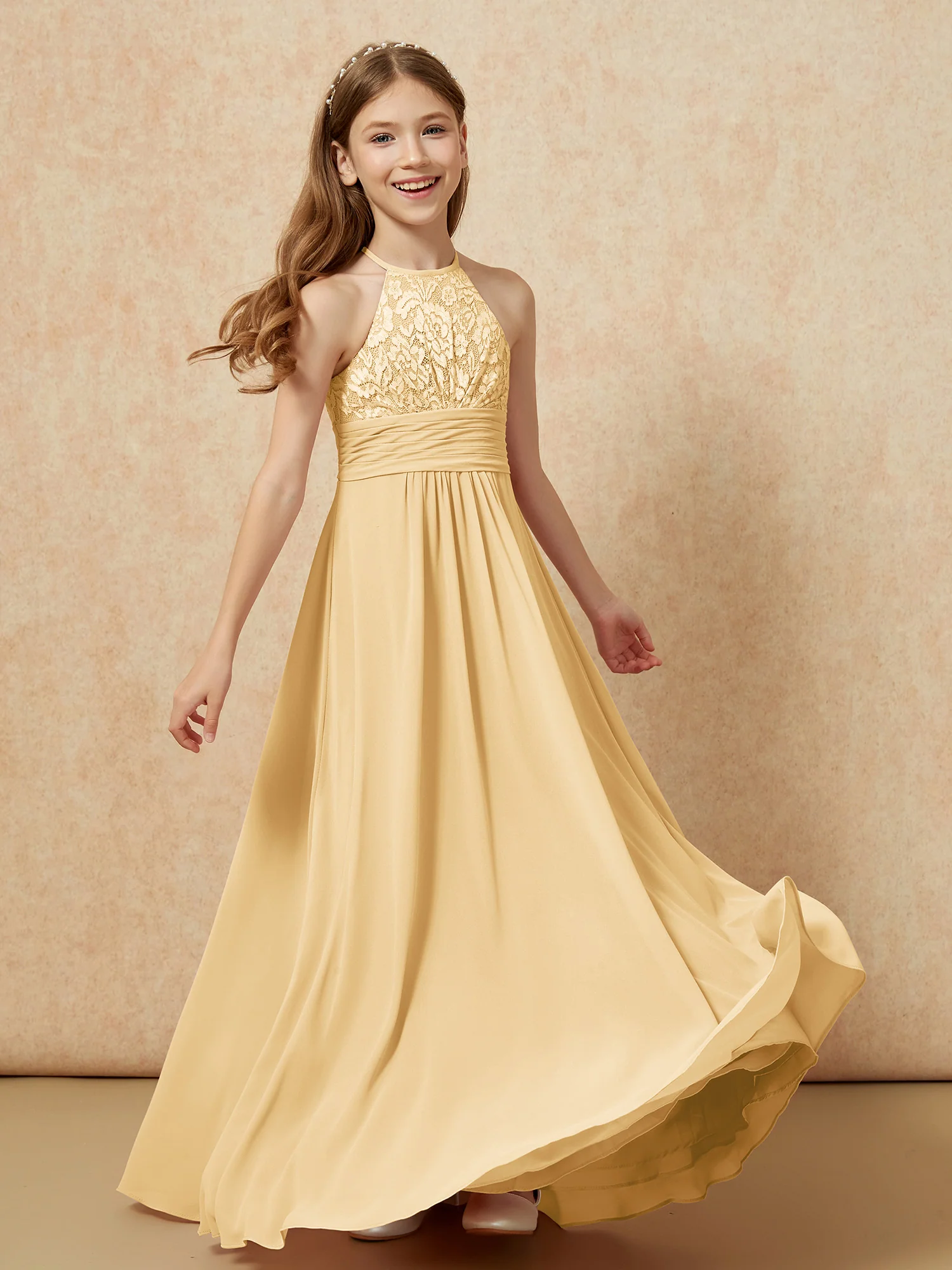 Halter Neck Lace Top Chiffon Junior Bridesmaid Dress Gold - Image 4