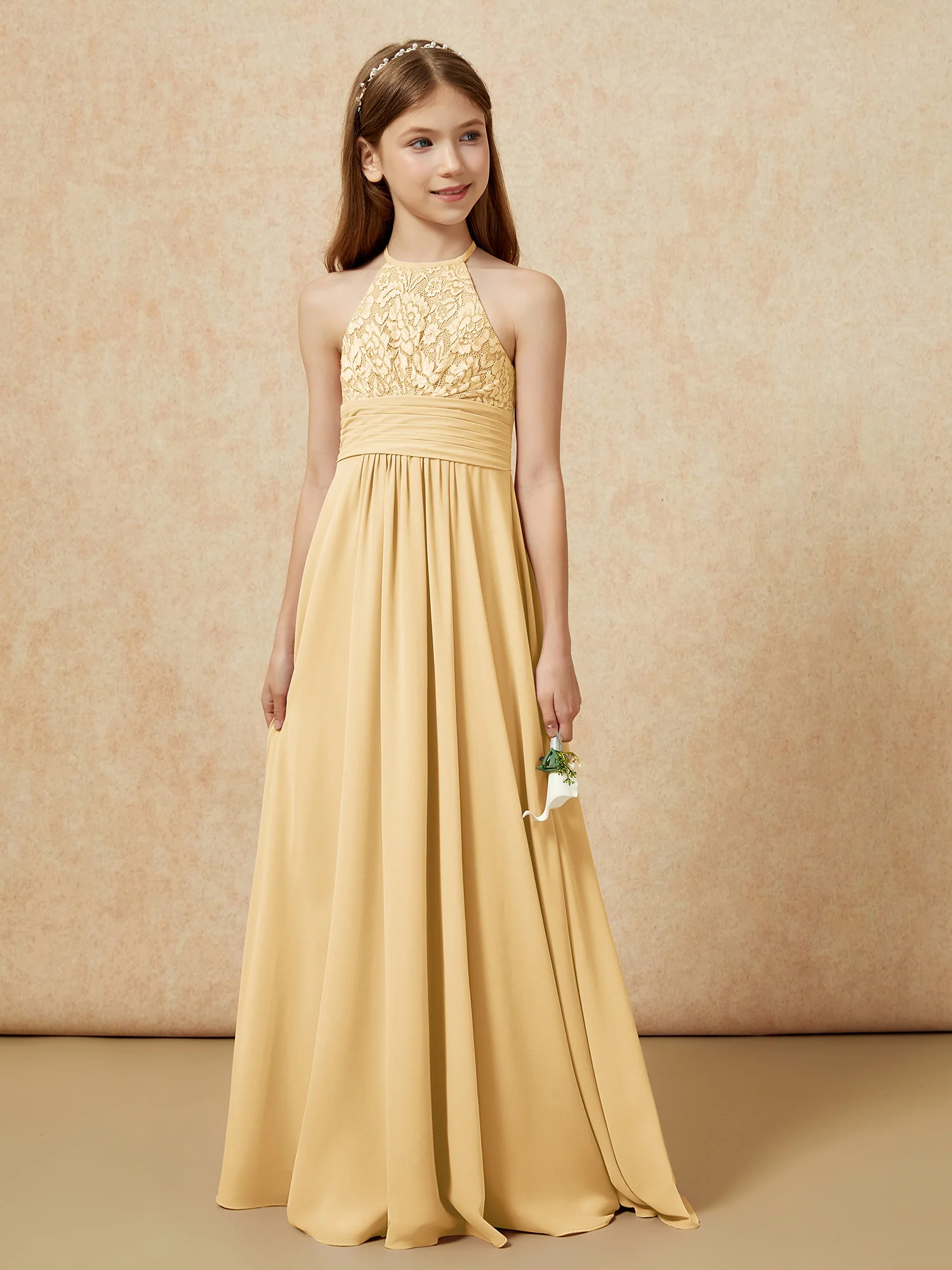 Halter Neck Lace Top Chiffon Junior Bridesmaid Dress Gold - Image 5