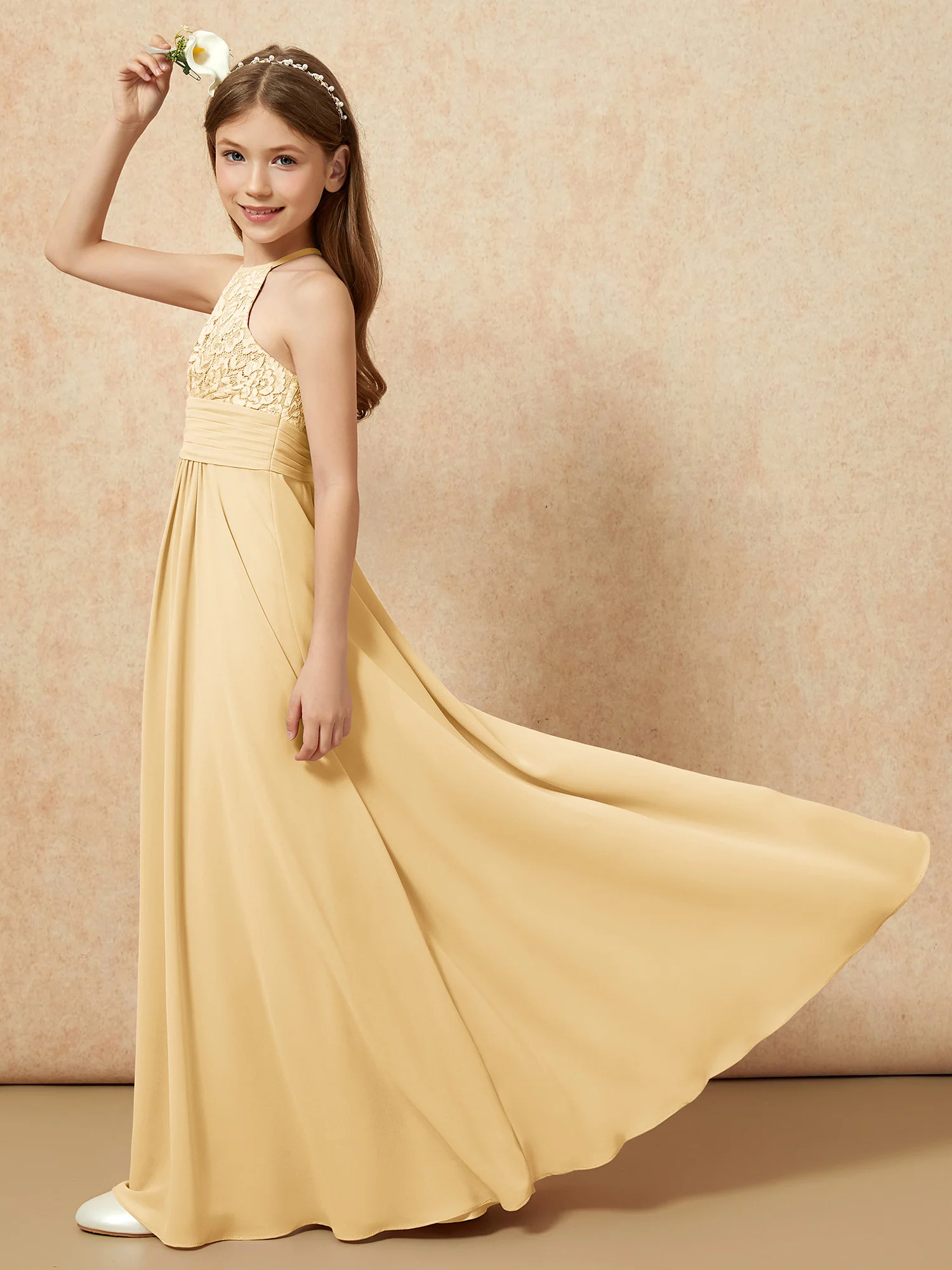 Halter Neck Lace Top Chiffon Junior Bridesmaid Dress Gold - Image 6