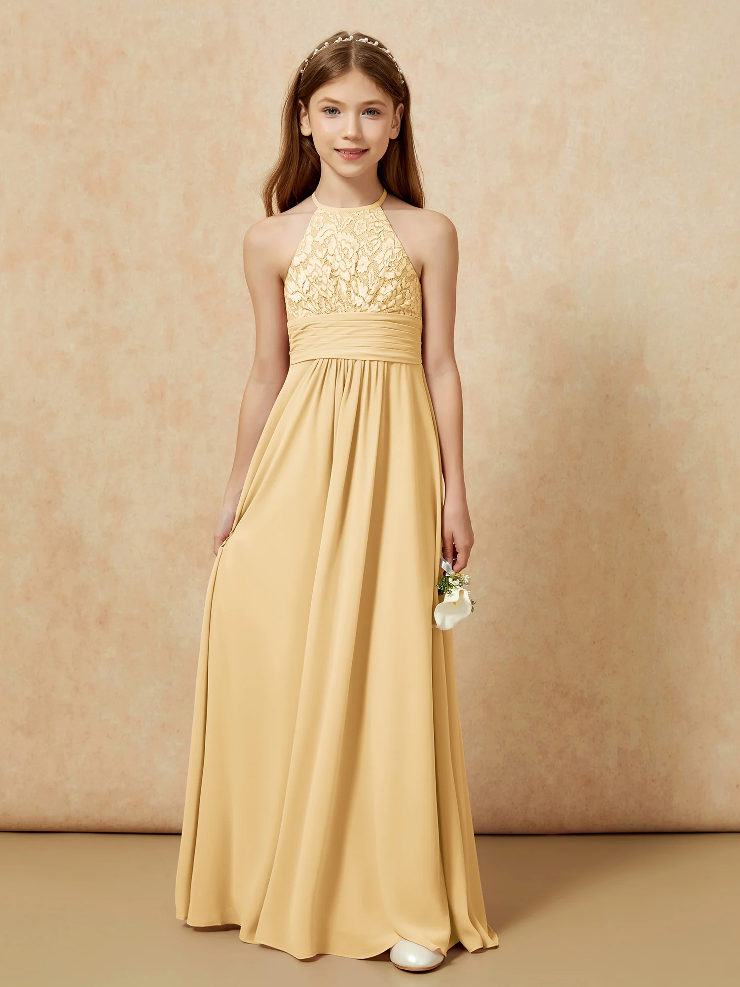 Halter Neck Lace Top Chiffon Junior Bridesmaid Dress Gold - Image 7