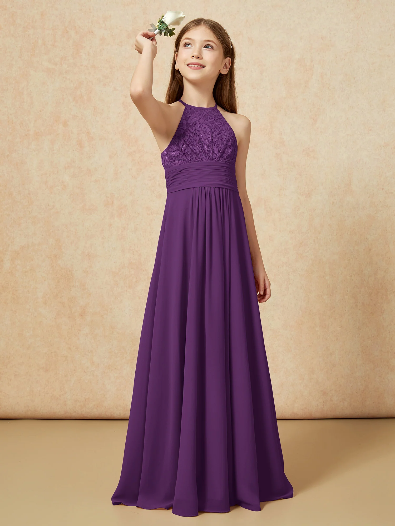 Halter Neck Lace Top Chiffon Junior Bridesmaid Dress Grape