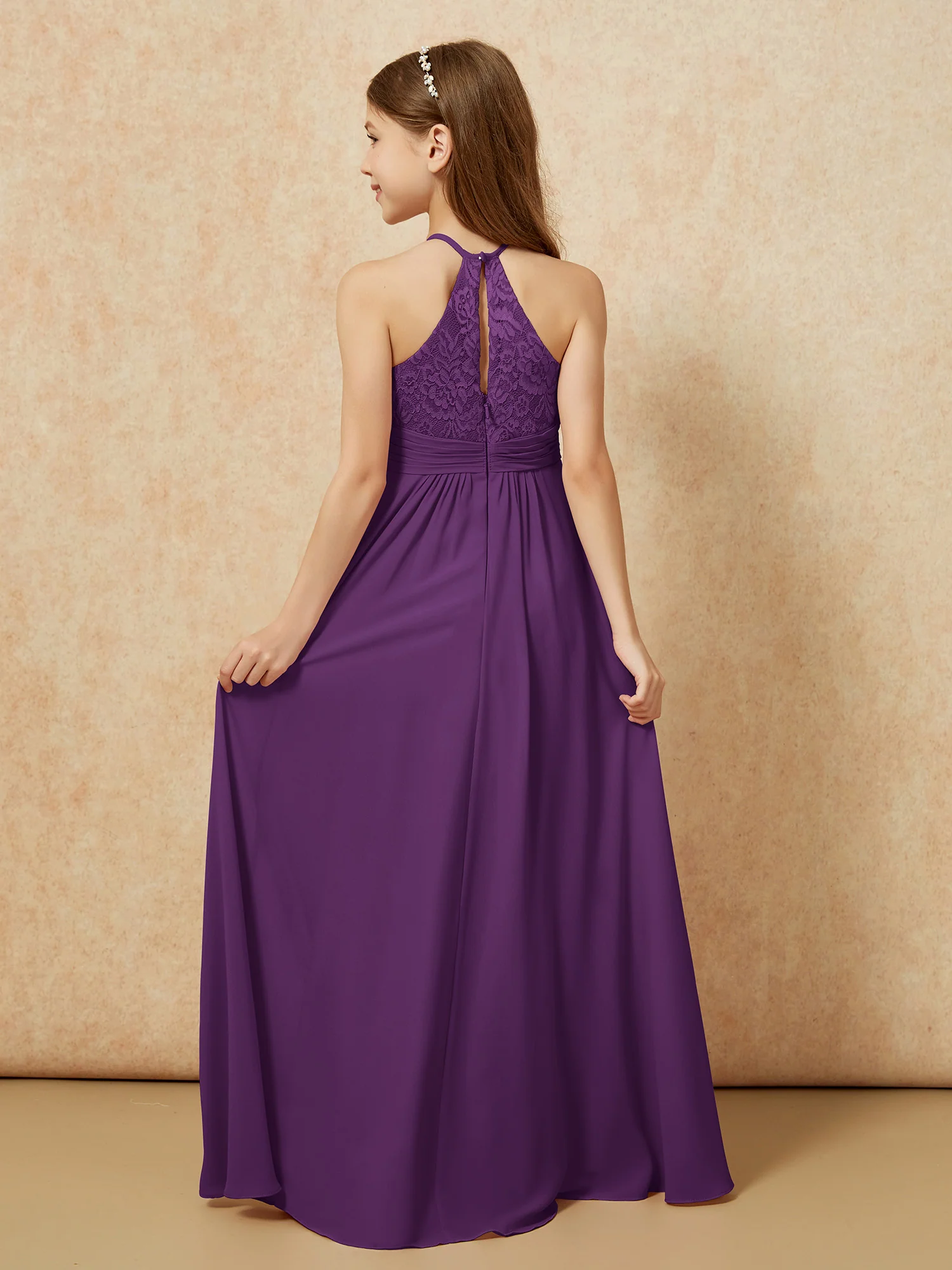 Halter Neck Lace Top Chiffon Junior Bridesmaid Dress Grape - Image 2