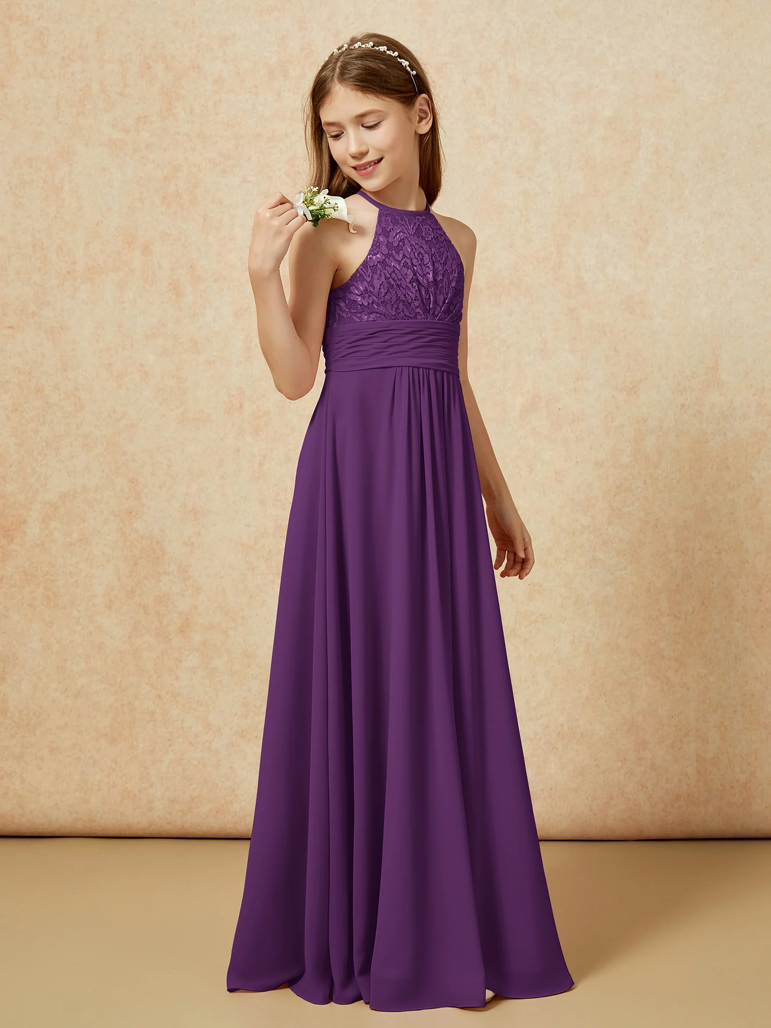 Halter Neck Lace Top Chiffon Junior Bridesmaid Dress Grape - Image 3