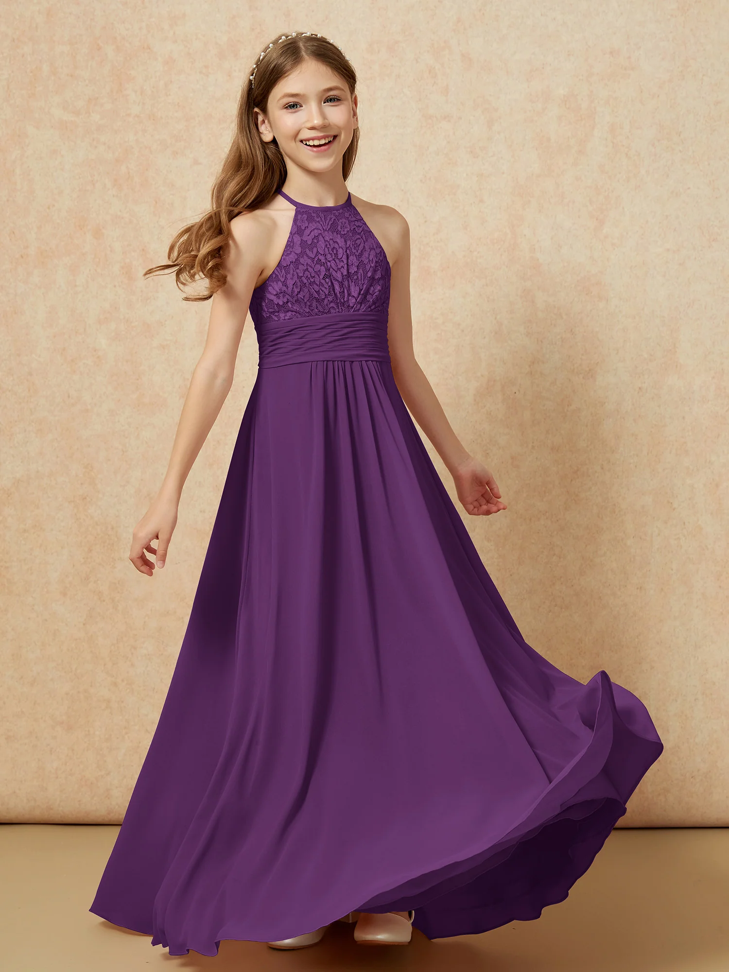 Halter Neck Lace Top Chiffon Junior Bridesmaid Dress Grape - Image 4