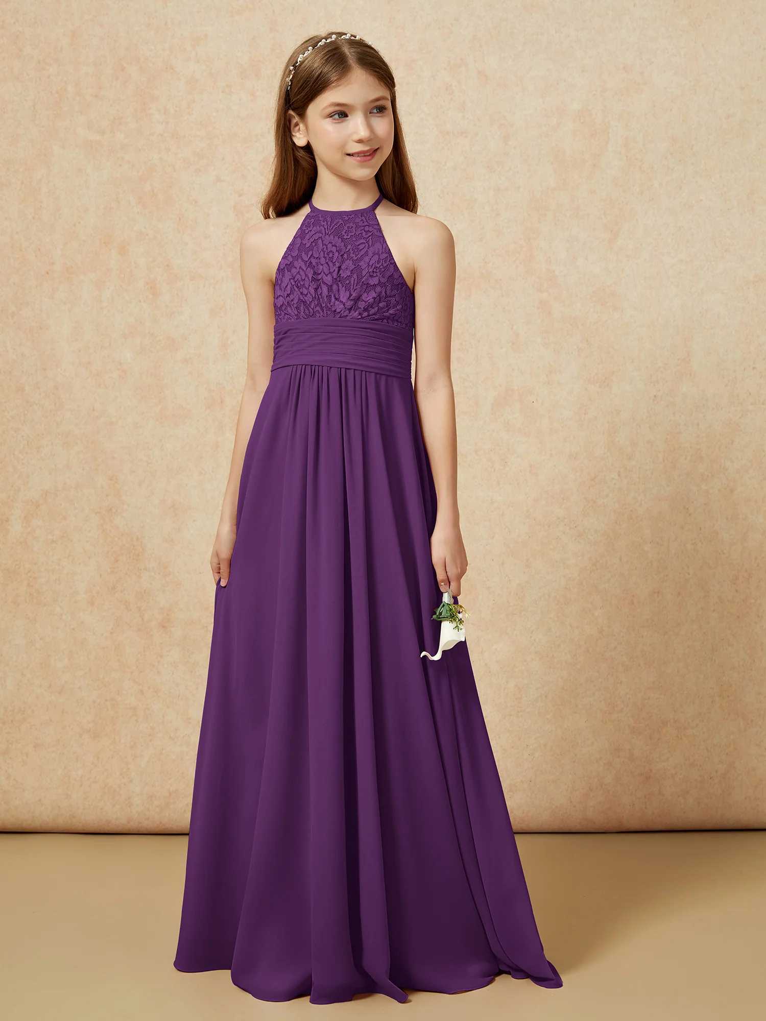 Halter Neck Lace Top Chiffon Junior Bridesmaid Dress Grape - Image 5