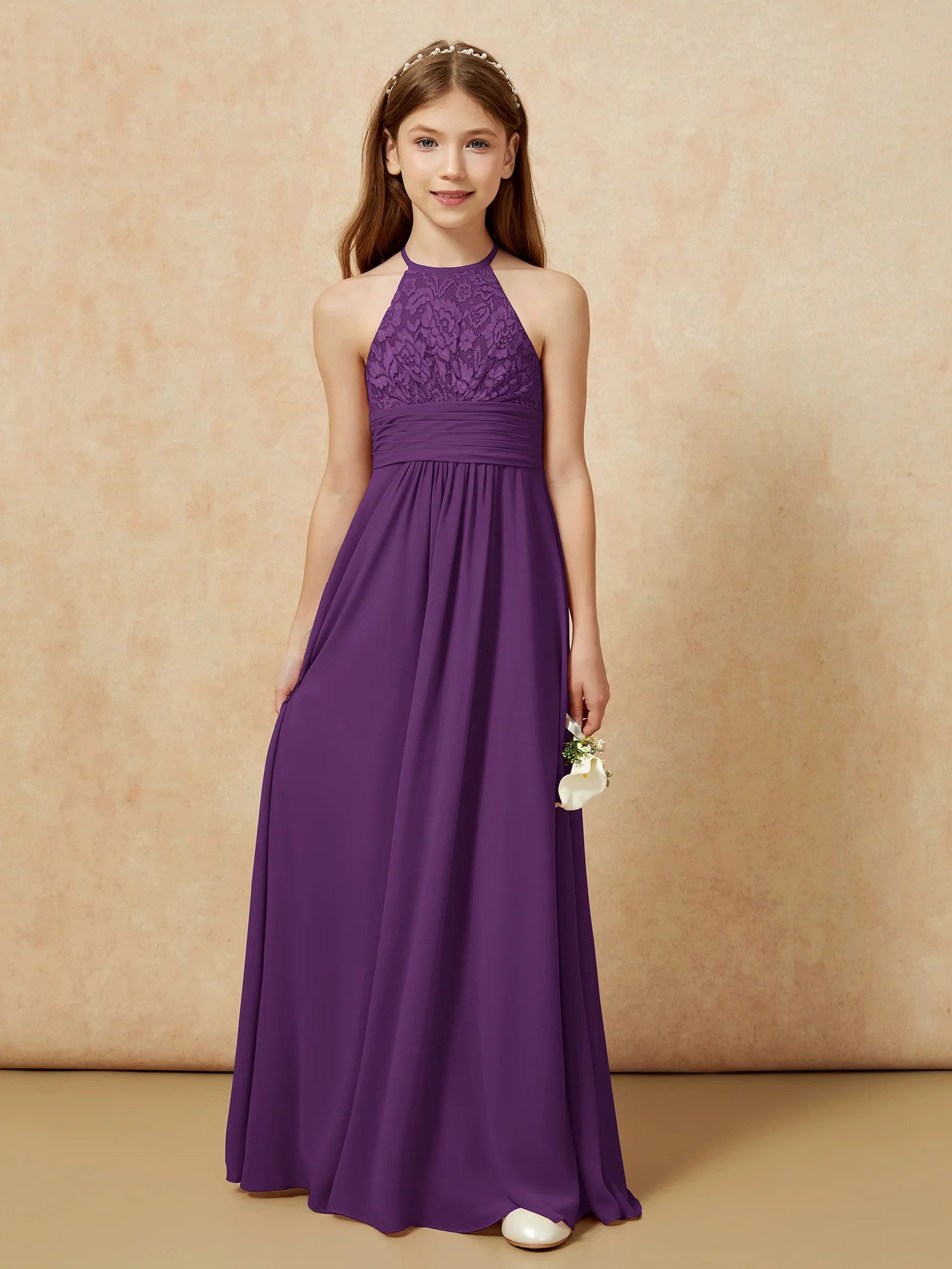 Halter Neck Lace Top Chiffon Junior Bridesmaid Dress Grape - Image 7
