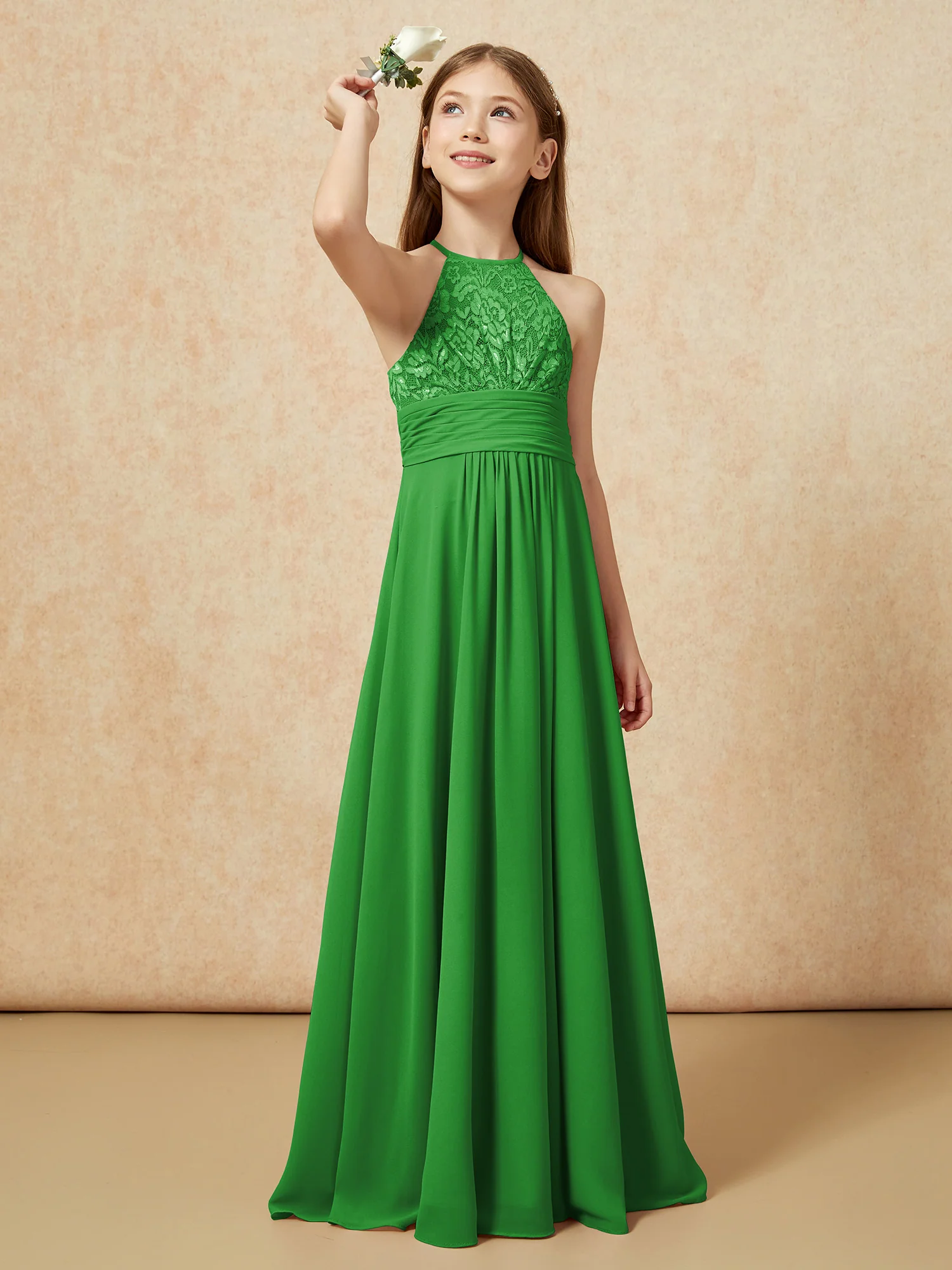 Halter Neck Lace Top Chiffon Junior Bridesmaid Dress Green