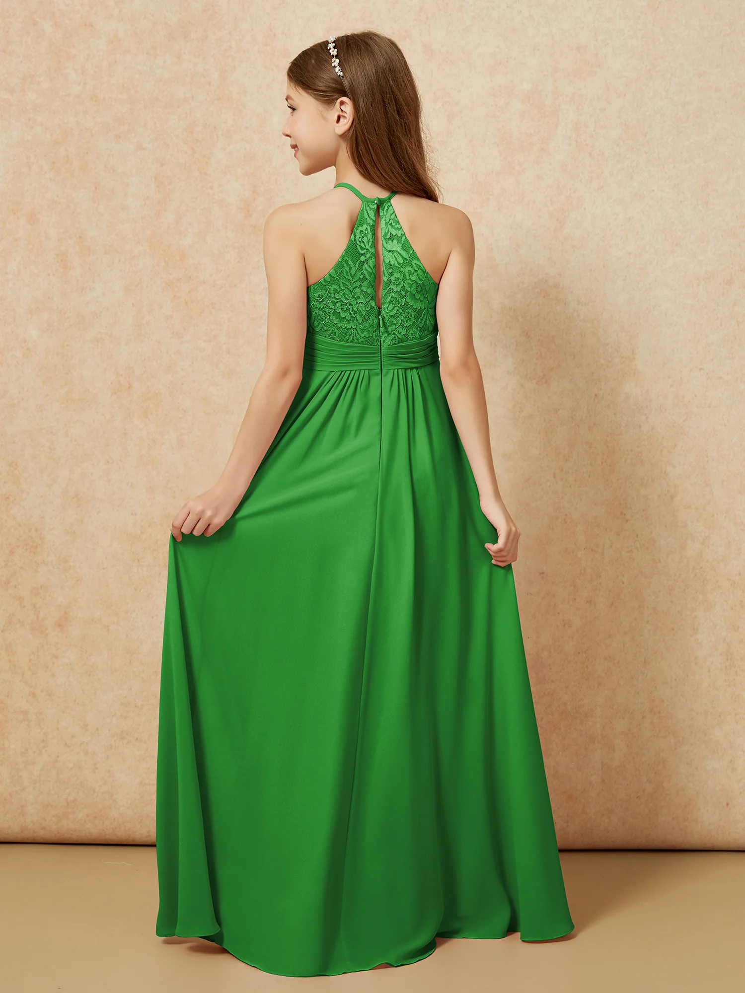 Halter Neck Lace Top Chiffon Junior Bridesmaid Dress Green - Image 2