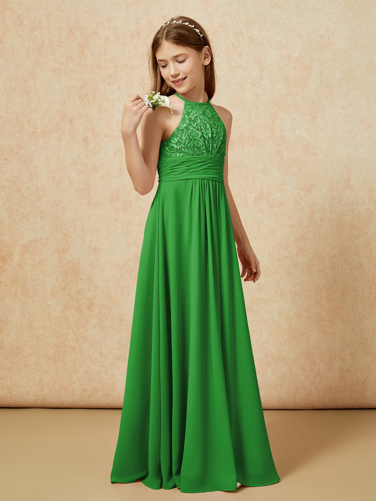 Halter Neck Lace Top Chiffon Junior Bridesmaid Dress Green - Image 3