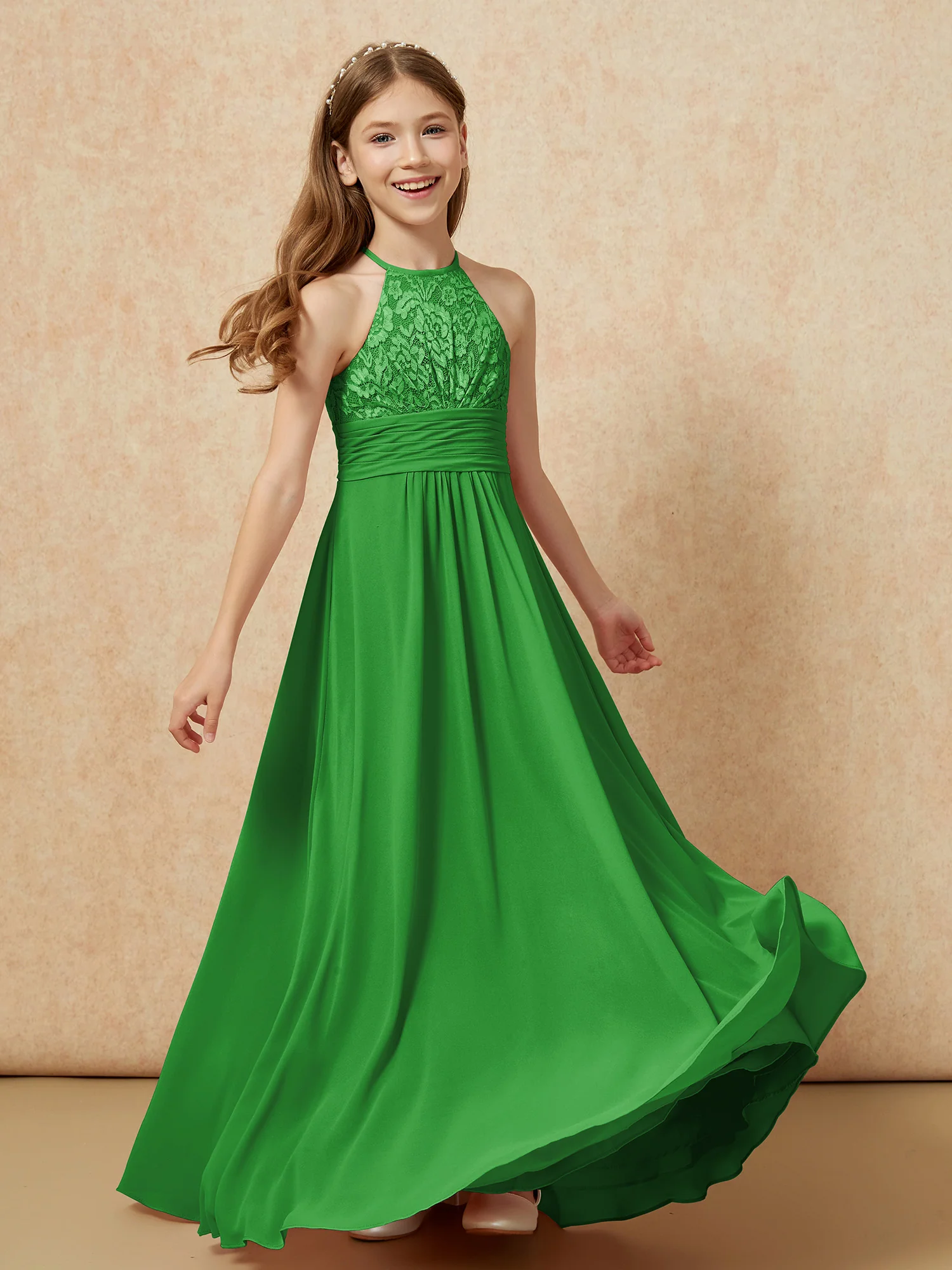 Halter Neck Lace Top Chiffon Junior Bridesmaid Dress Green - Image 4